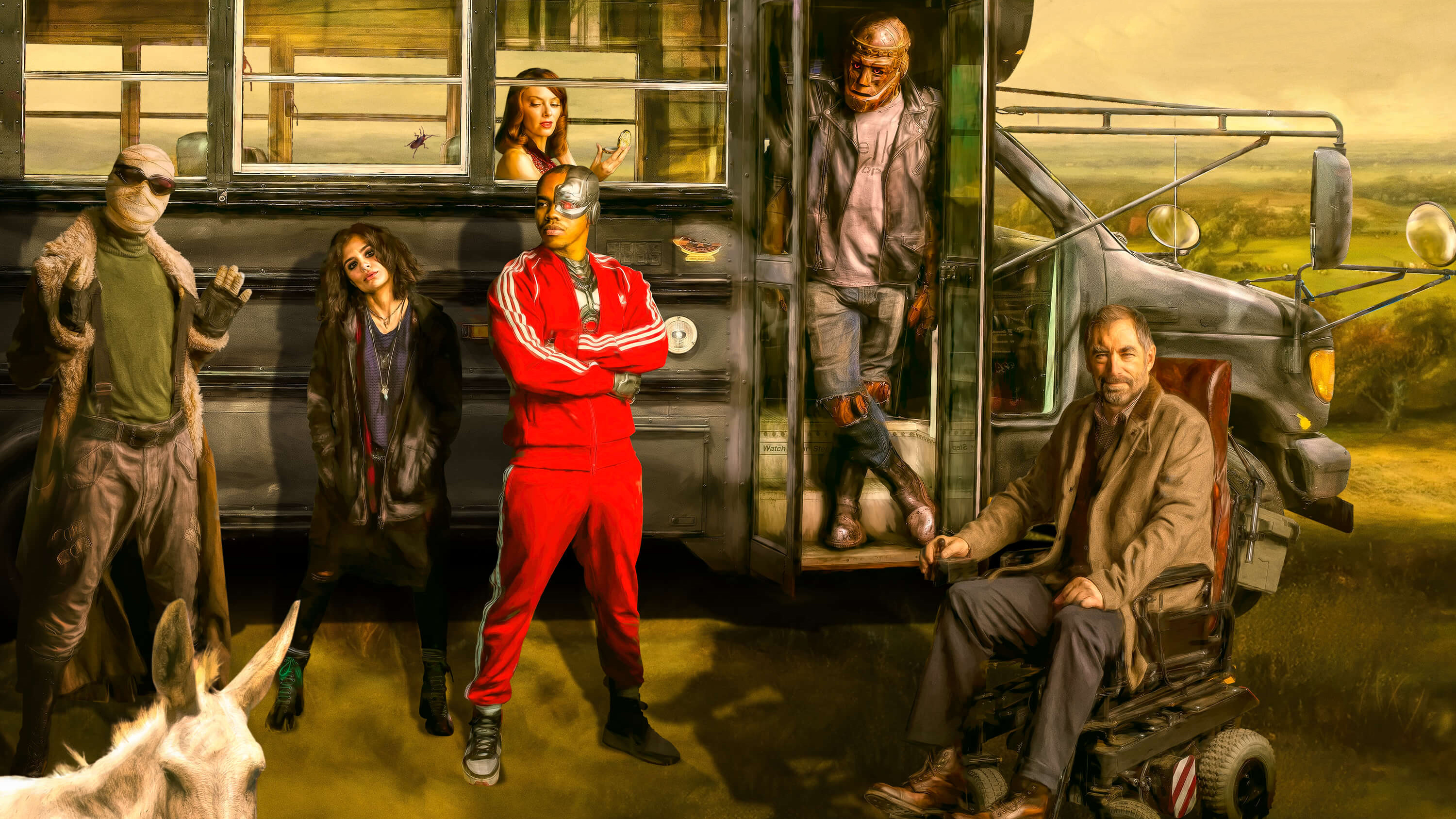 Doom Patrol characters with a bus and a donkey HD Wallpaper