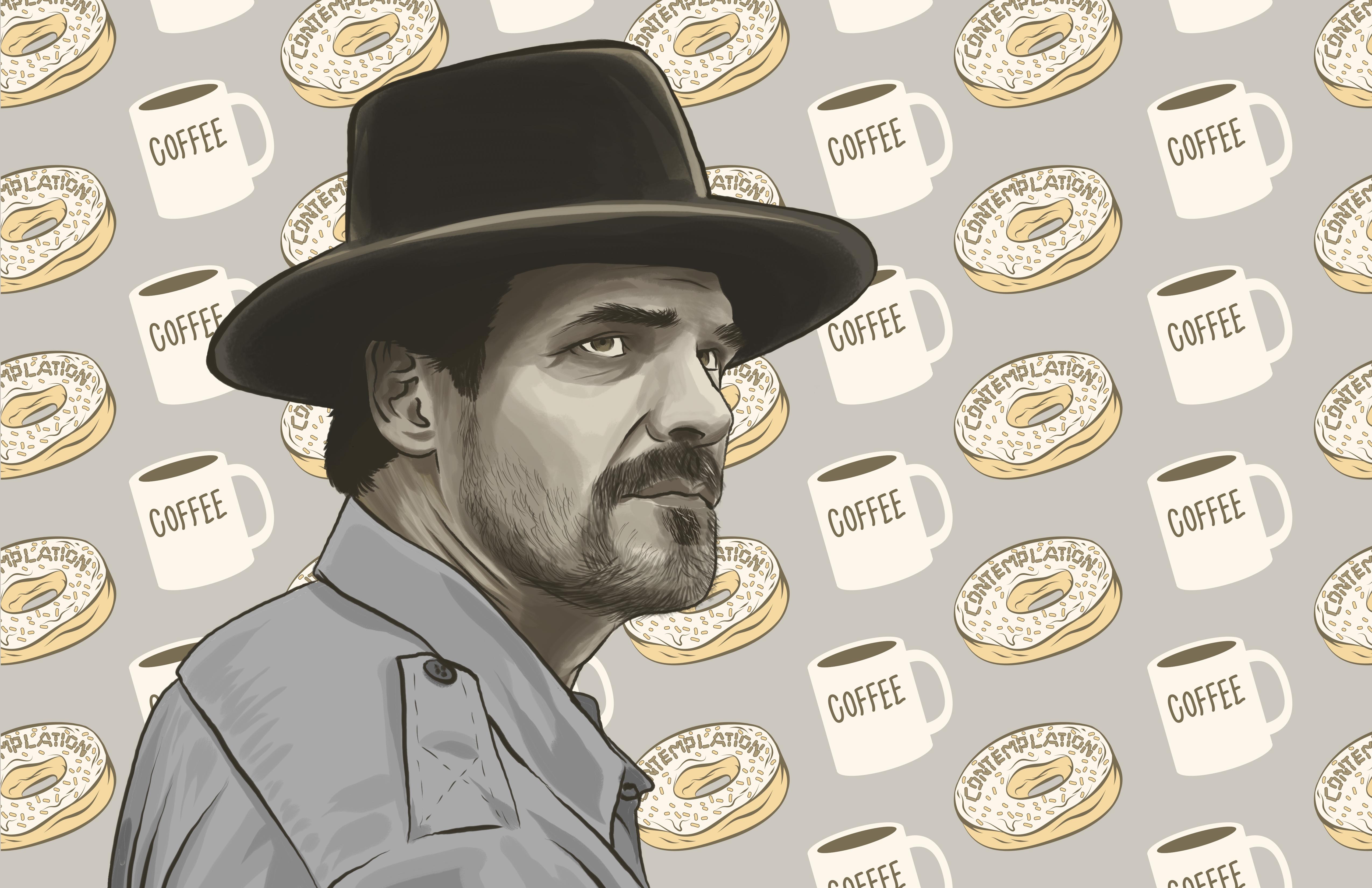 David Harbour with Coffee and Donuts HD Wallpaper