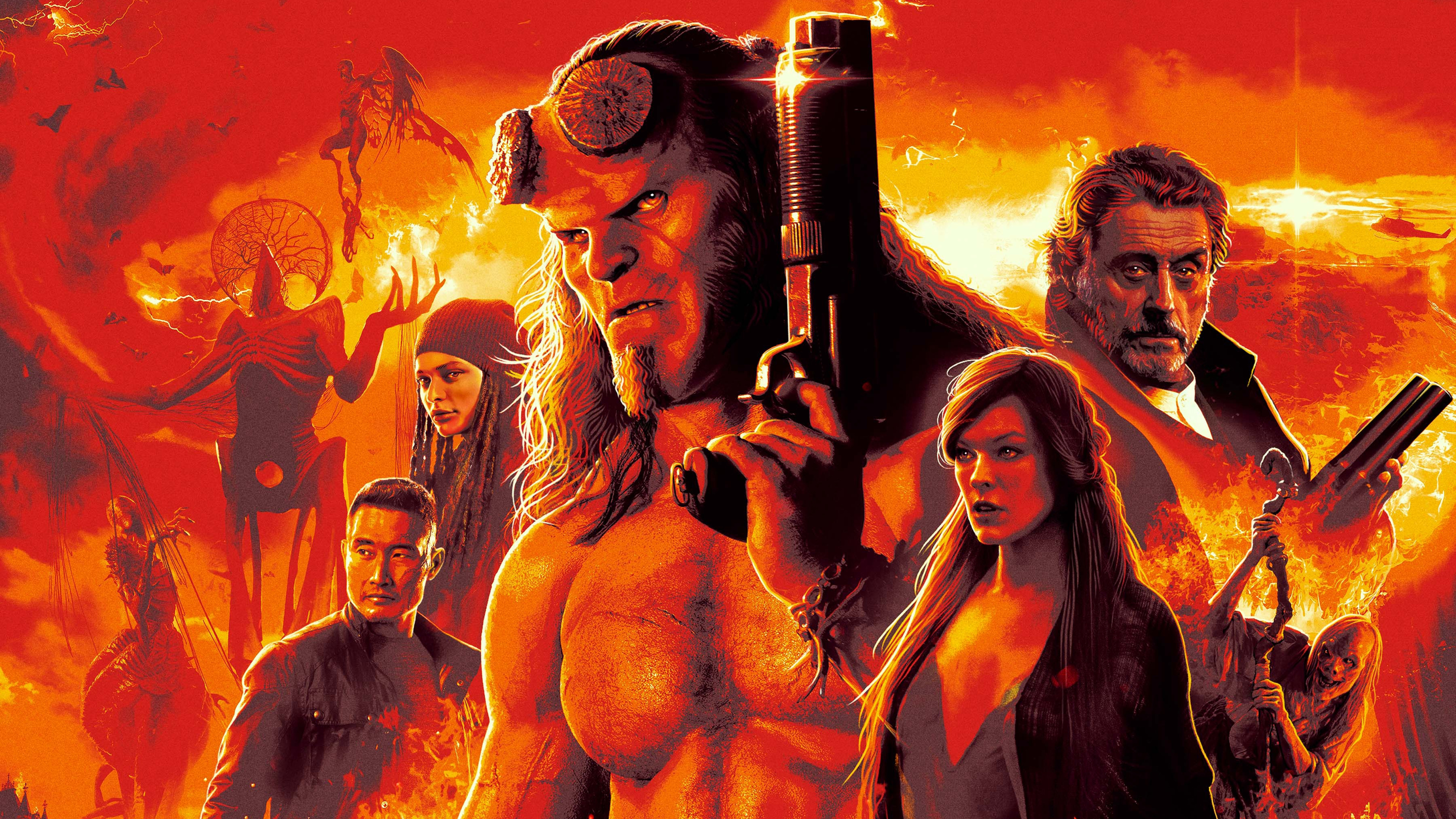 Hellboy and allies in a fiery landscape HD Wallpaper