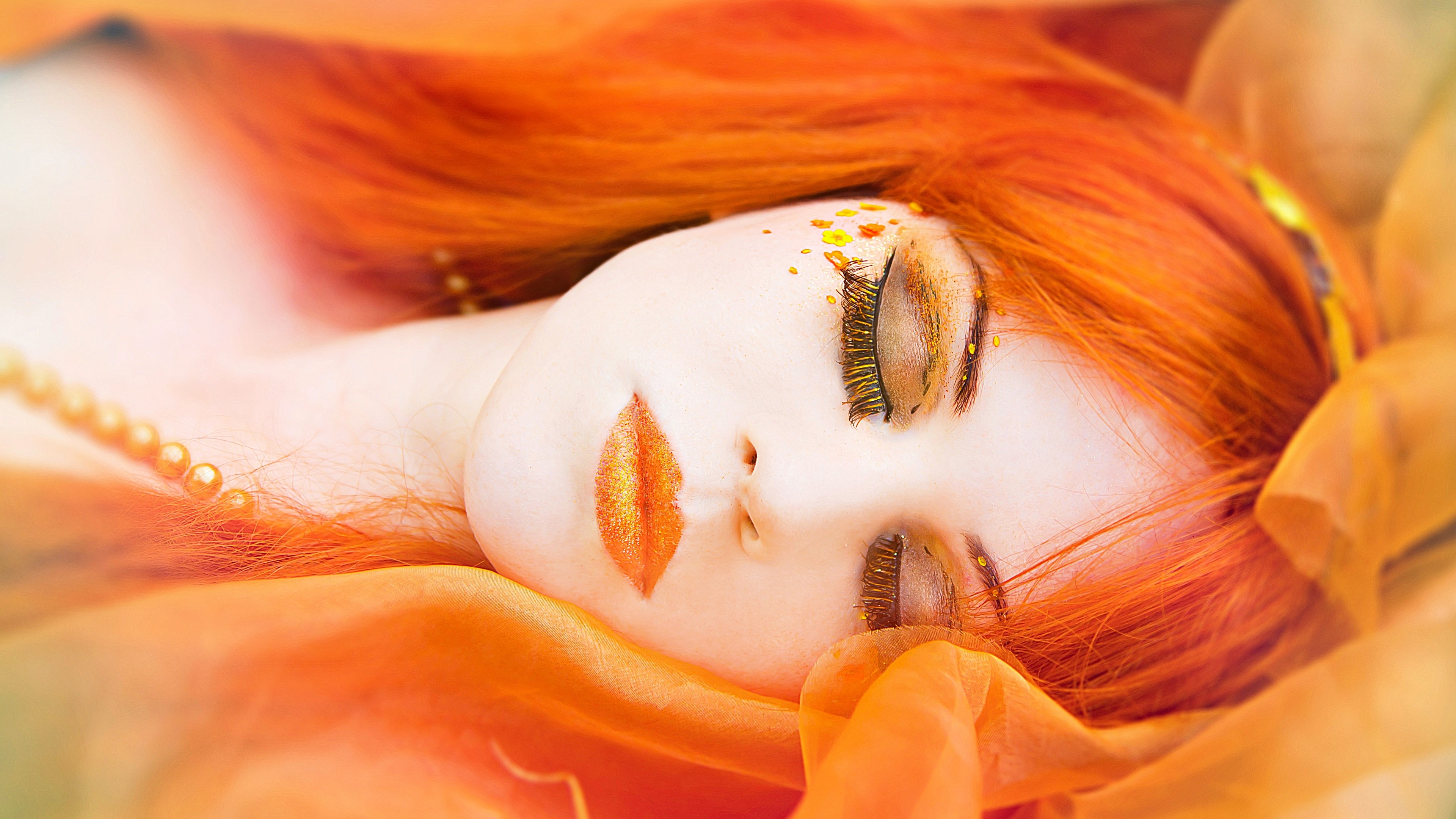 Woman with orange hair and makeup HD Wallpaper