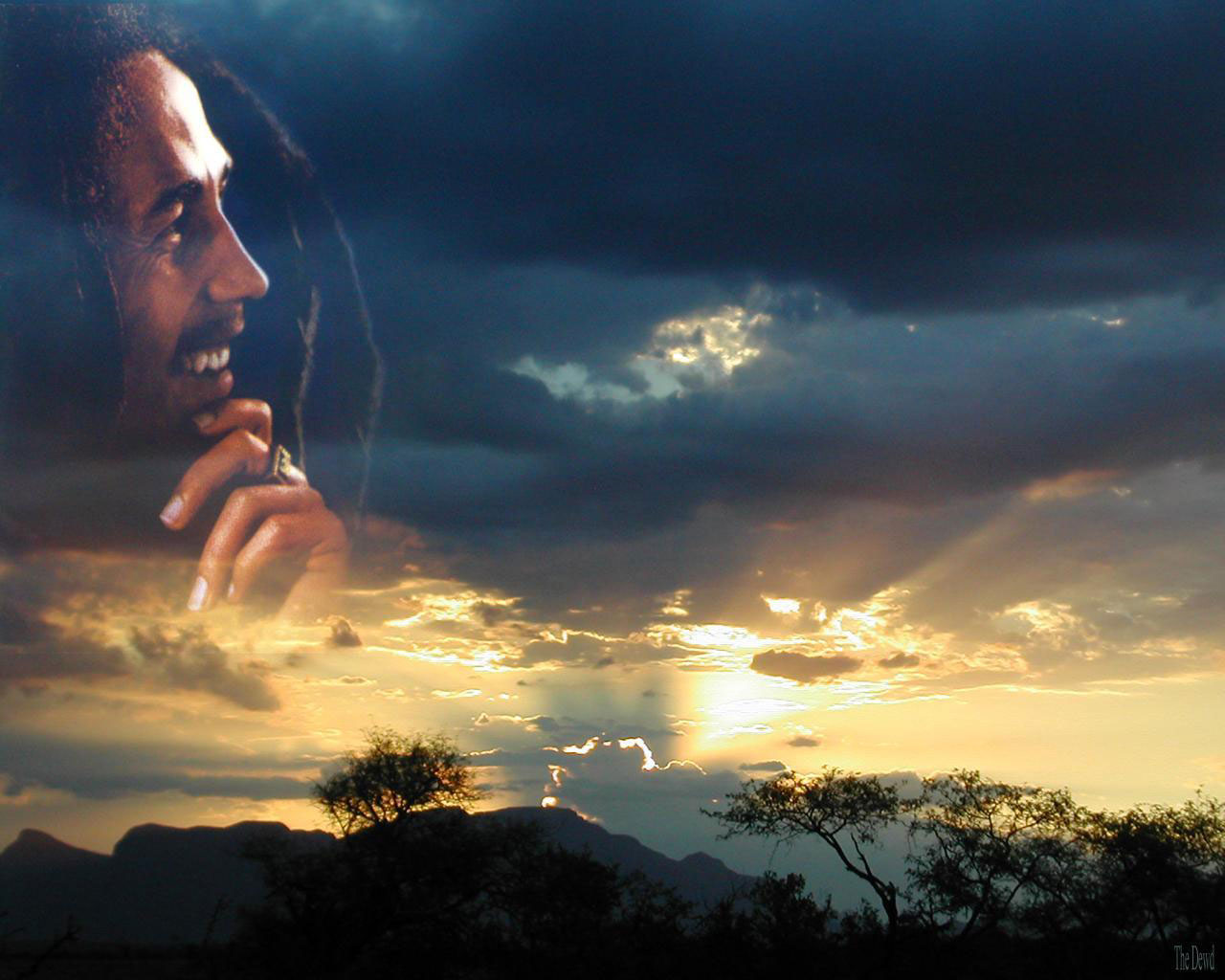 Bob Marley superimposed over a sunset sky HD Wallpaper