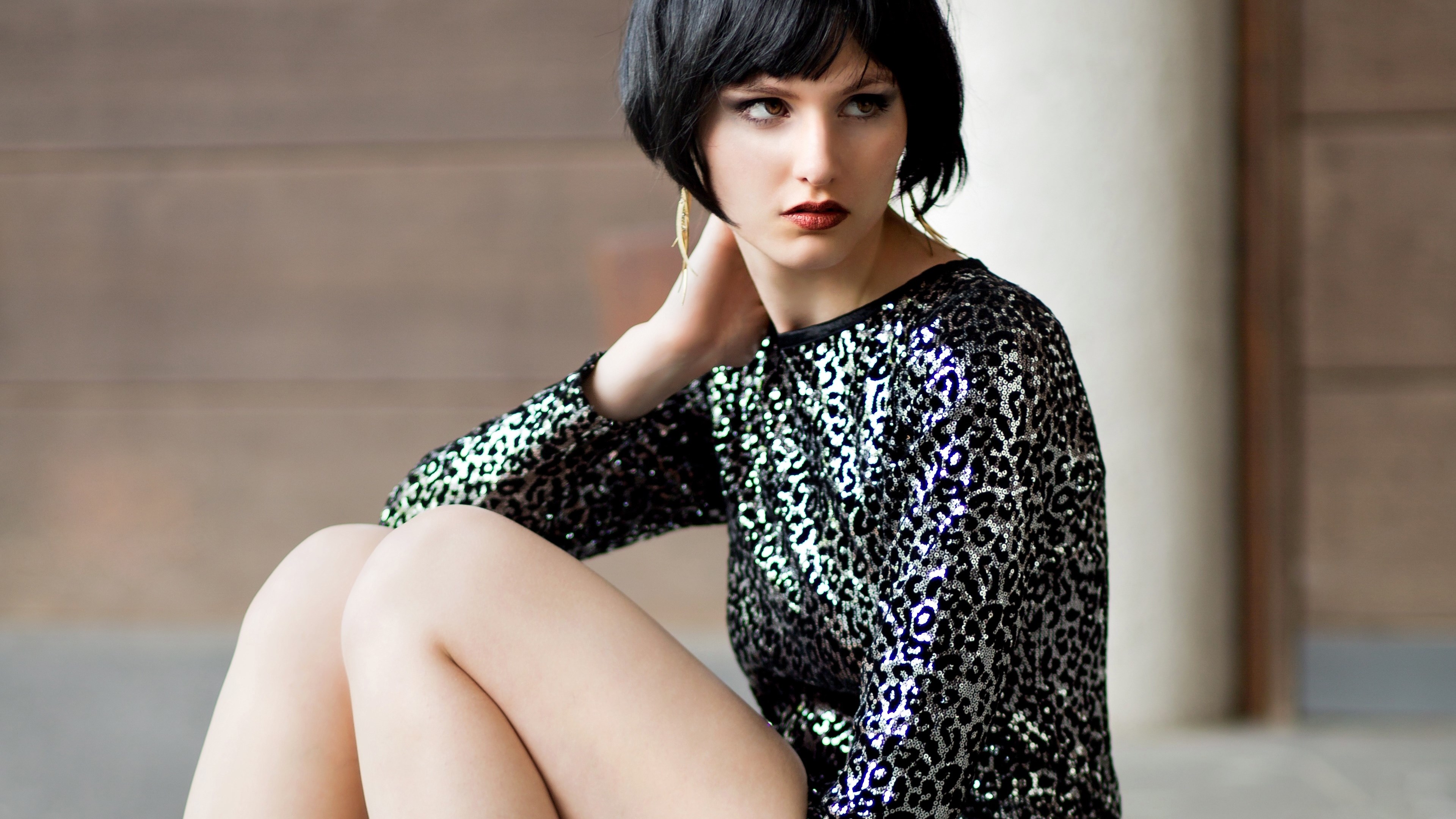 Woman in sequined dress with short black hair HD Wallpaper