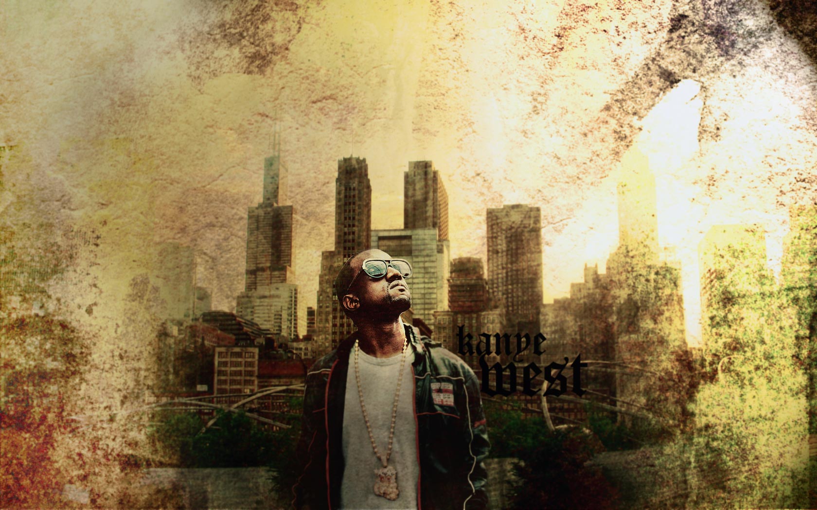 Kanye West in front of Chicago skyline HD Wallpaper