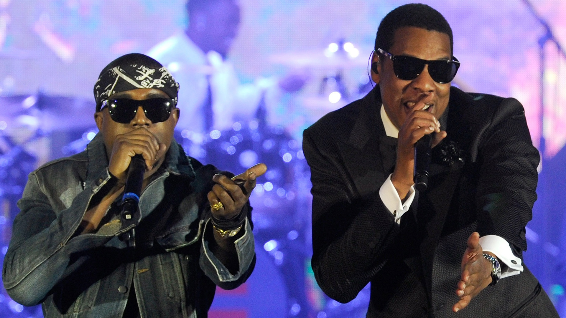 Kanye West and Jay-Z performing on stage HD Wallpaper
