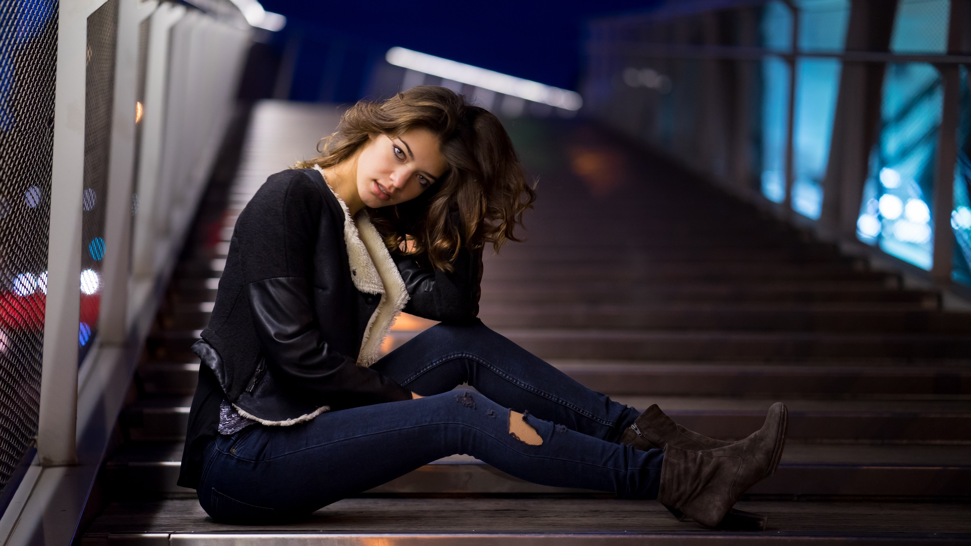 Woman sitting on stairs at night HD Wallpaper