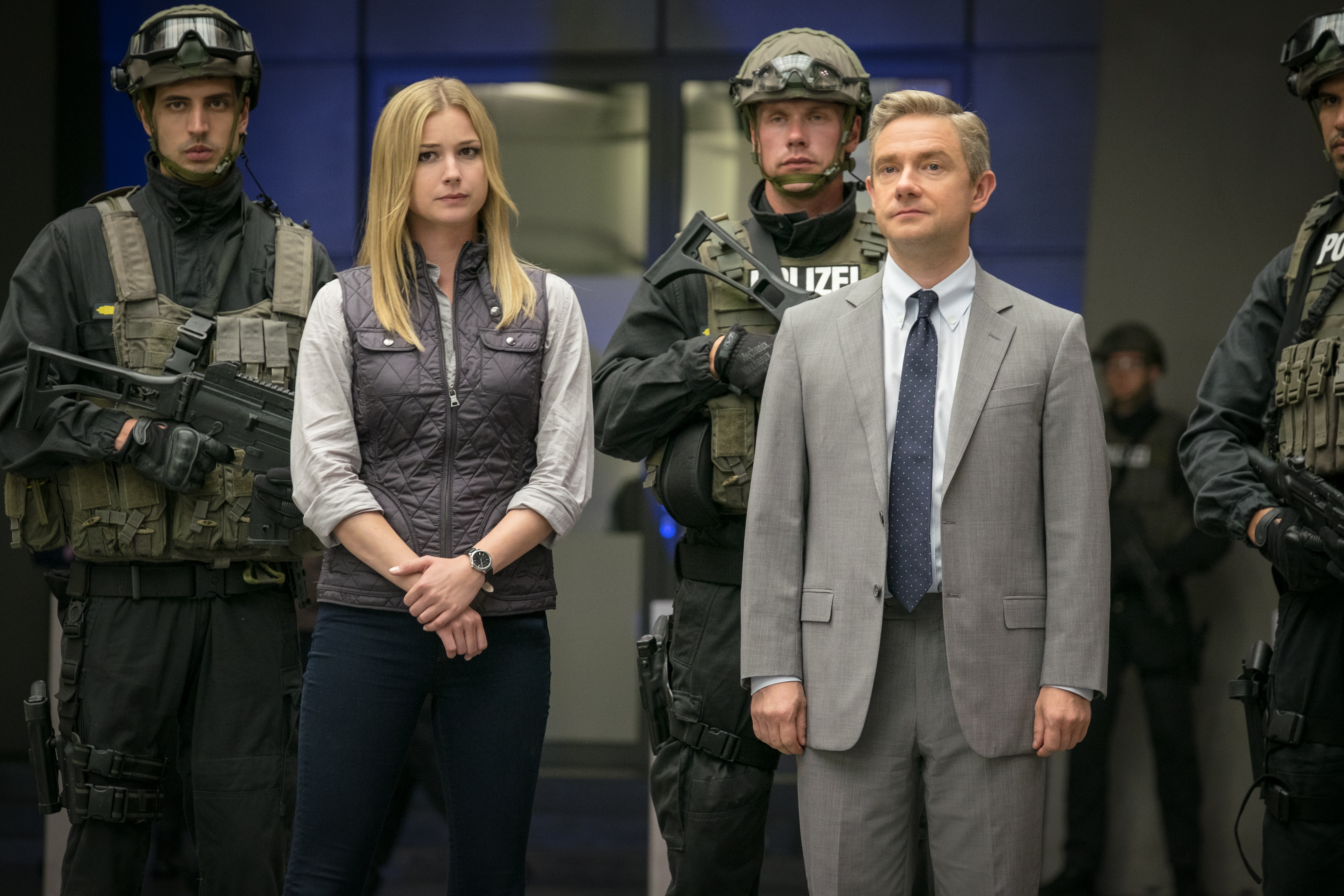 Martin Freeman and Sharon Carter with police officers HD Wallpaper