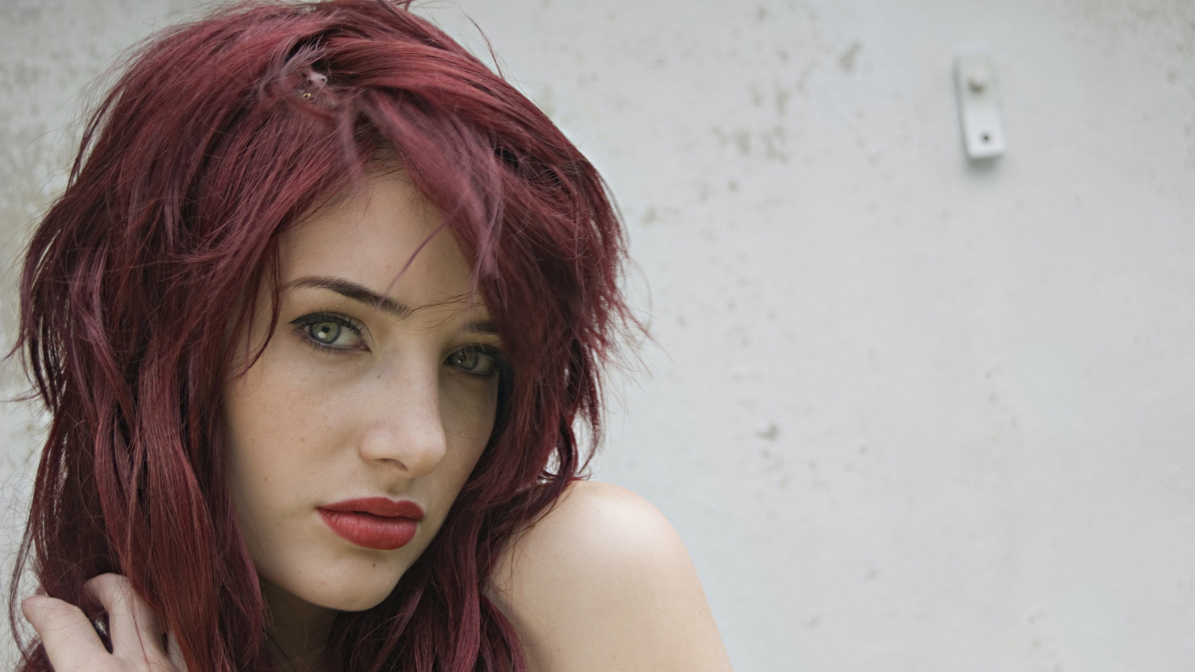 Woman with red hair and red lipstick HD Wallpaper