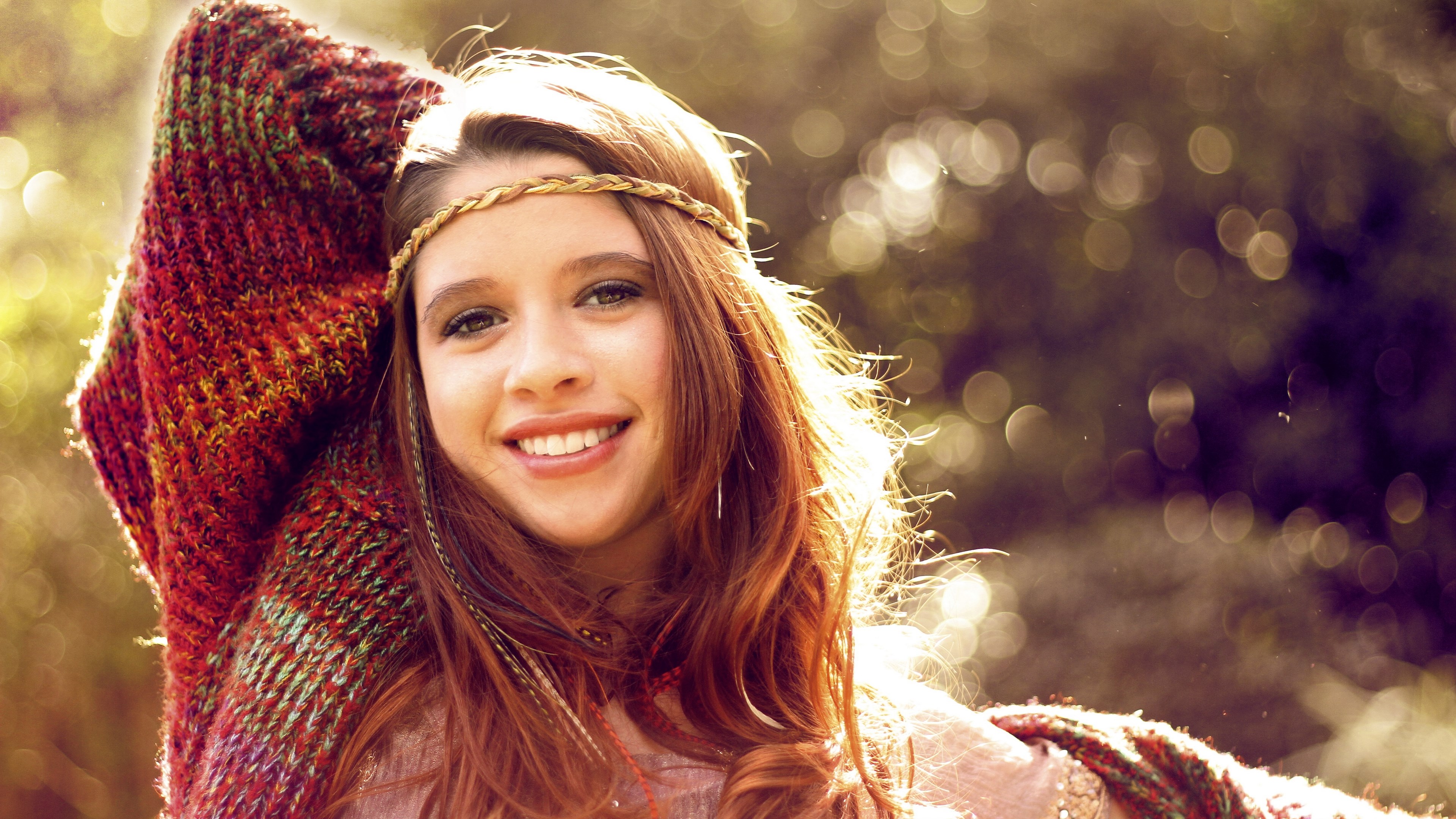 Young woman with a knitted shawl and headband HD Wallpaper