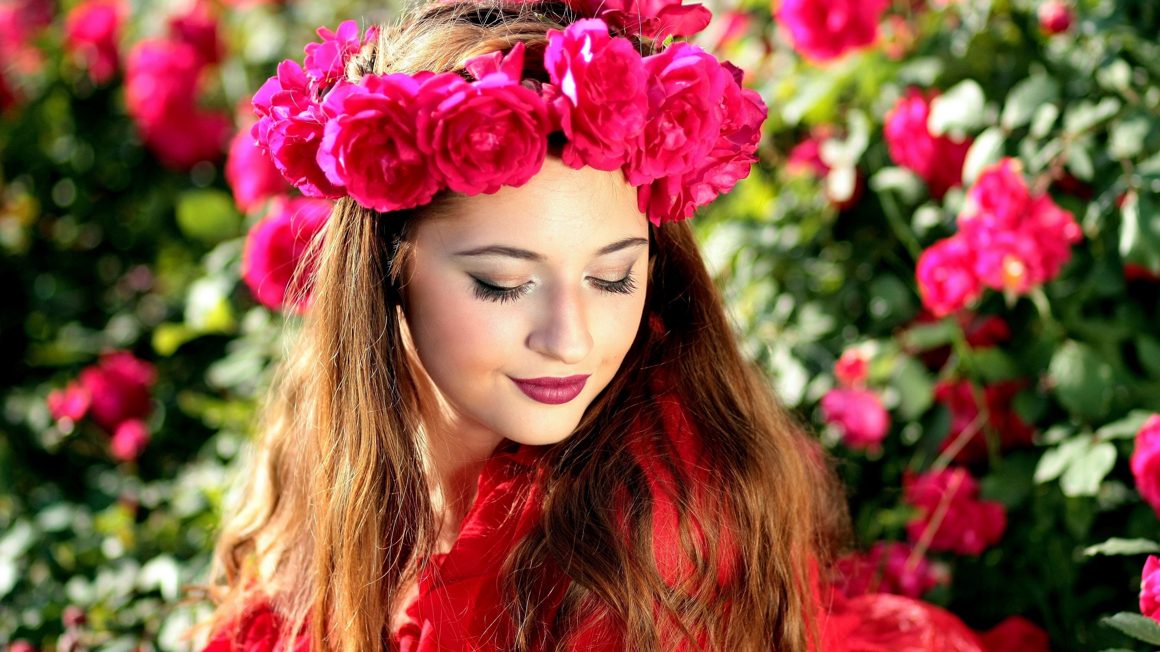 Woman with flower crown in rose garden HD Wallpaper