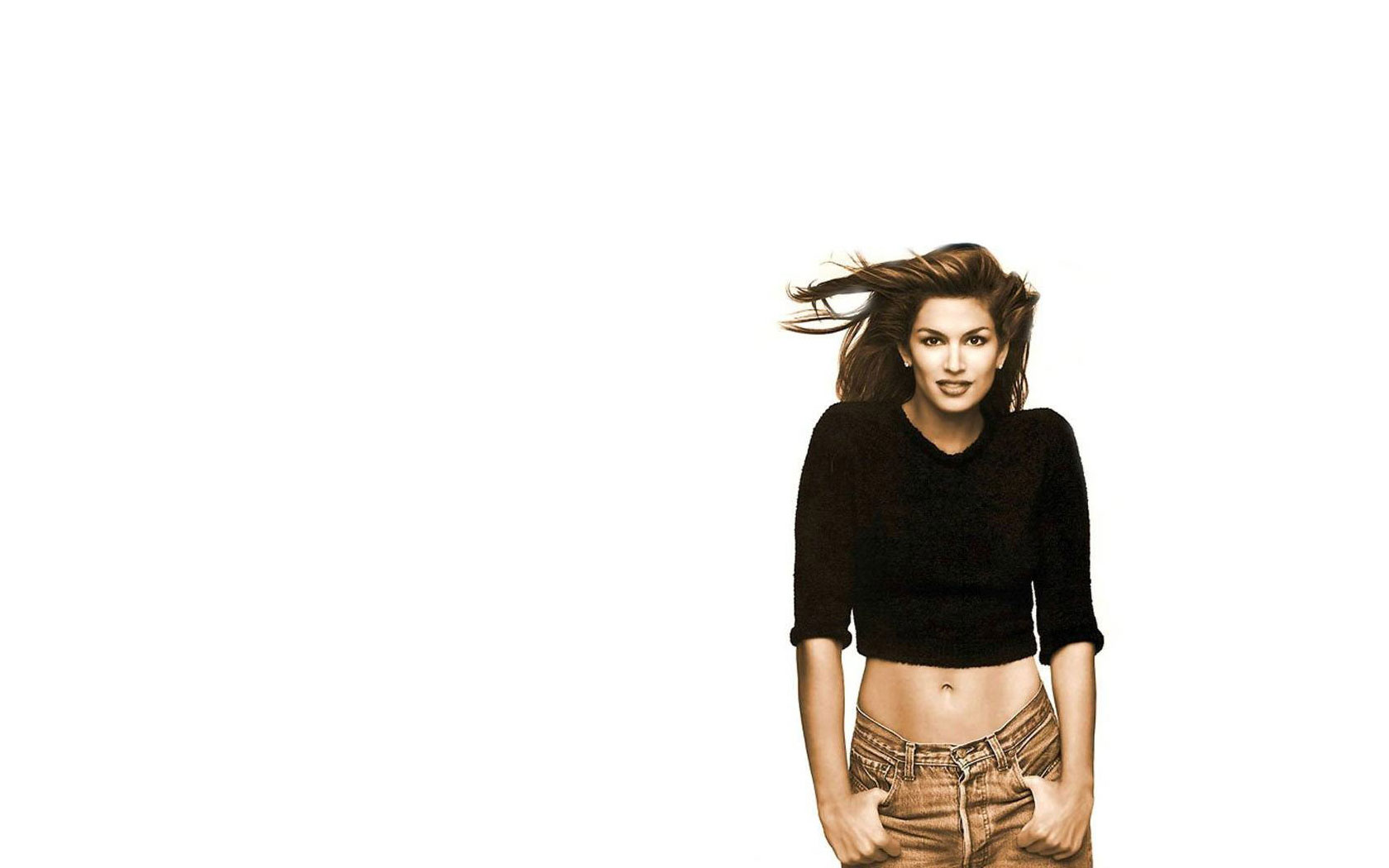 Cindy Crawford in black top and jeans HD Wallpaper