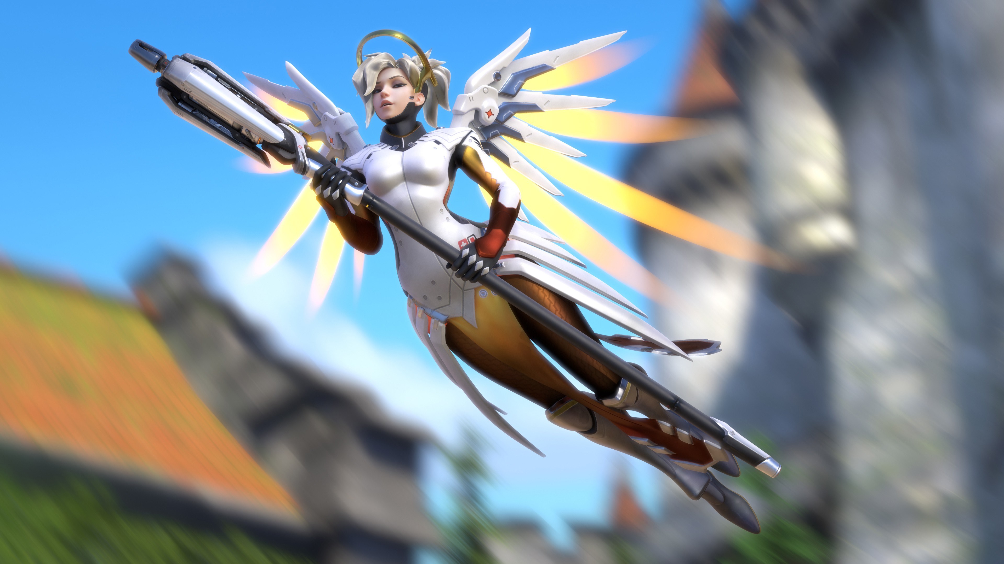 Mercy from Overwatch flying with her Caduceus Staff HD Wallpaper