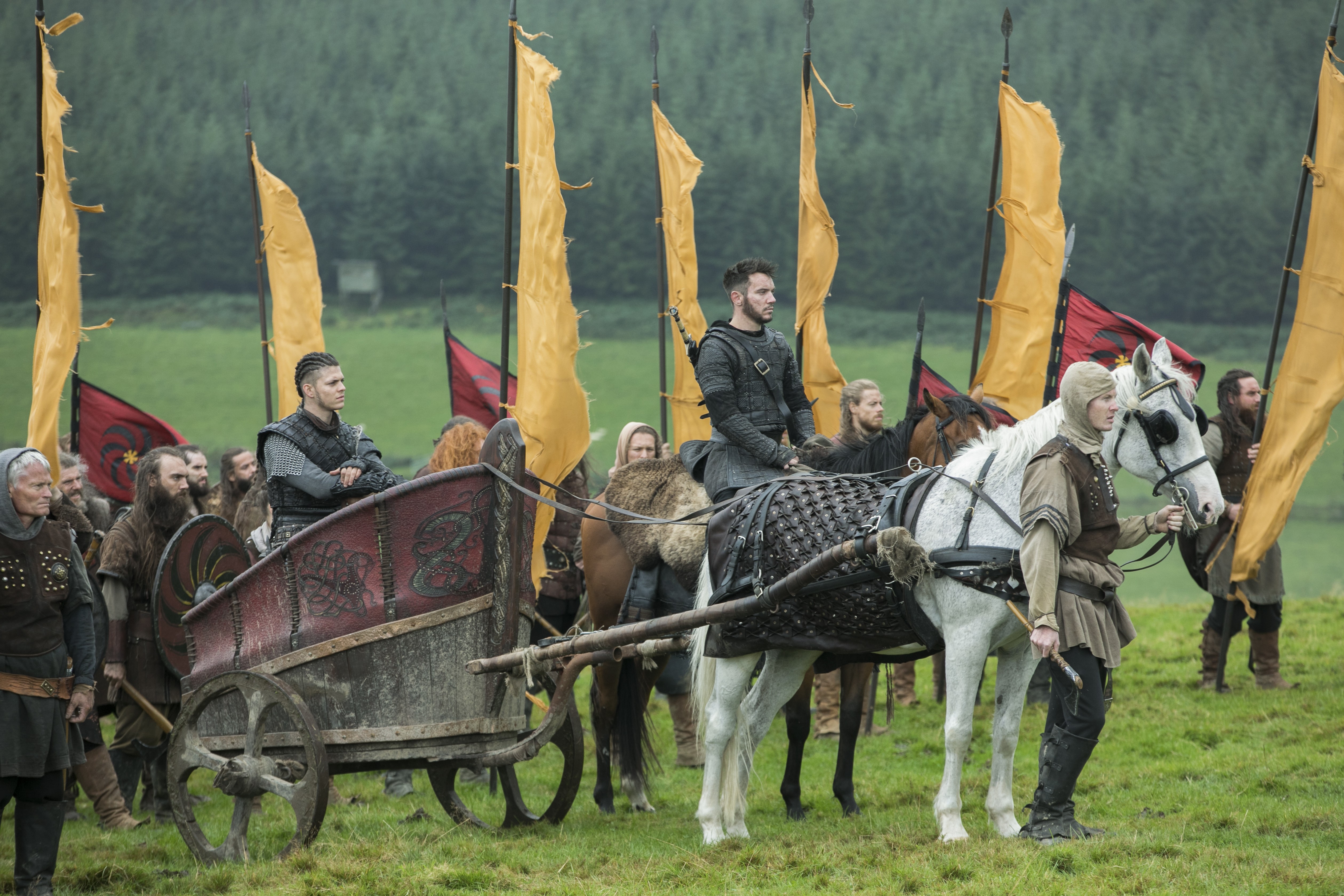 Vikings characters with flags and chariot HD Wallpaper