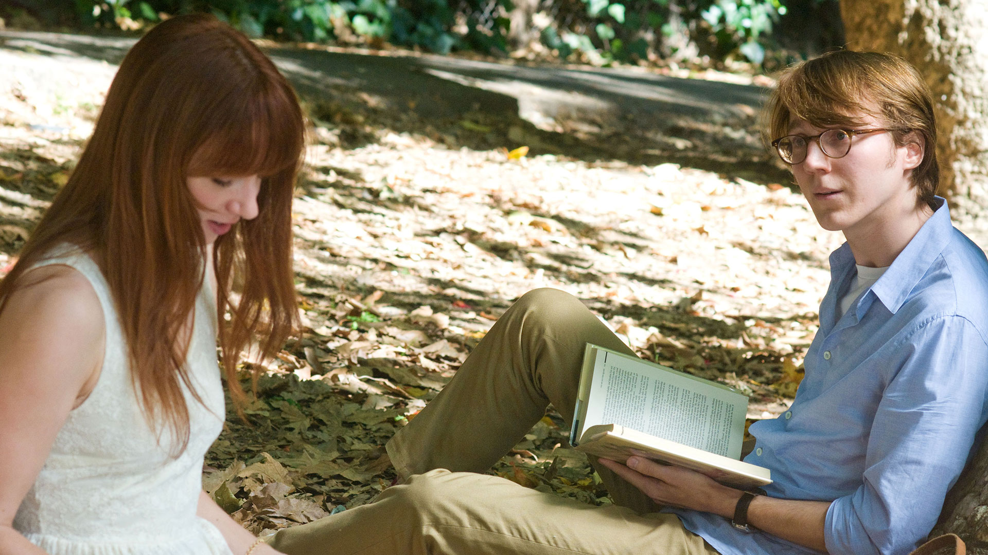 Paul Dano reading a book outdoors HD Wallpaper
