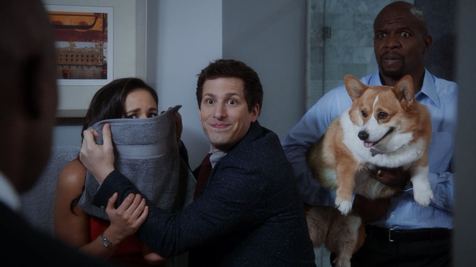 Andy Samberg and Terry Crews with a Corgi HD Wallpaper