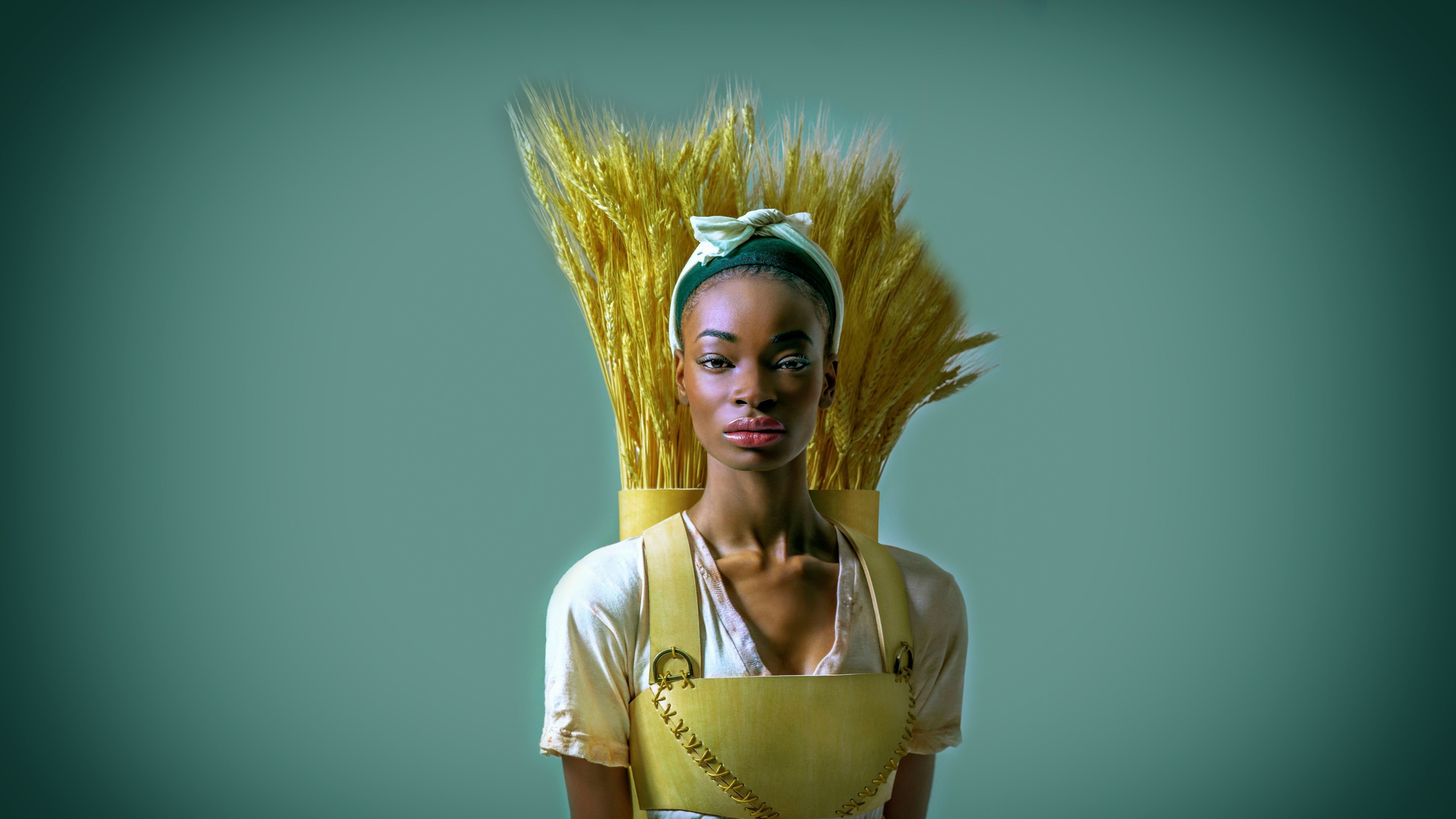 Woman with wheat stalks on her back HD Wallpaper