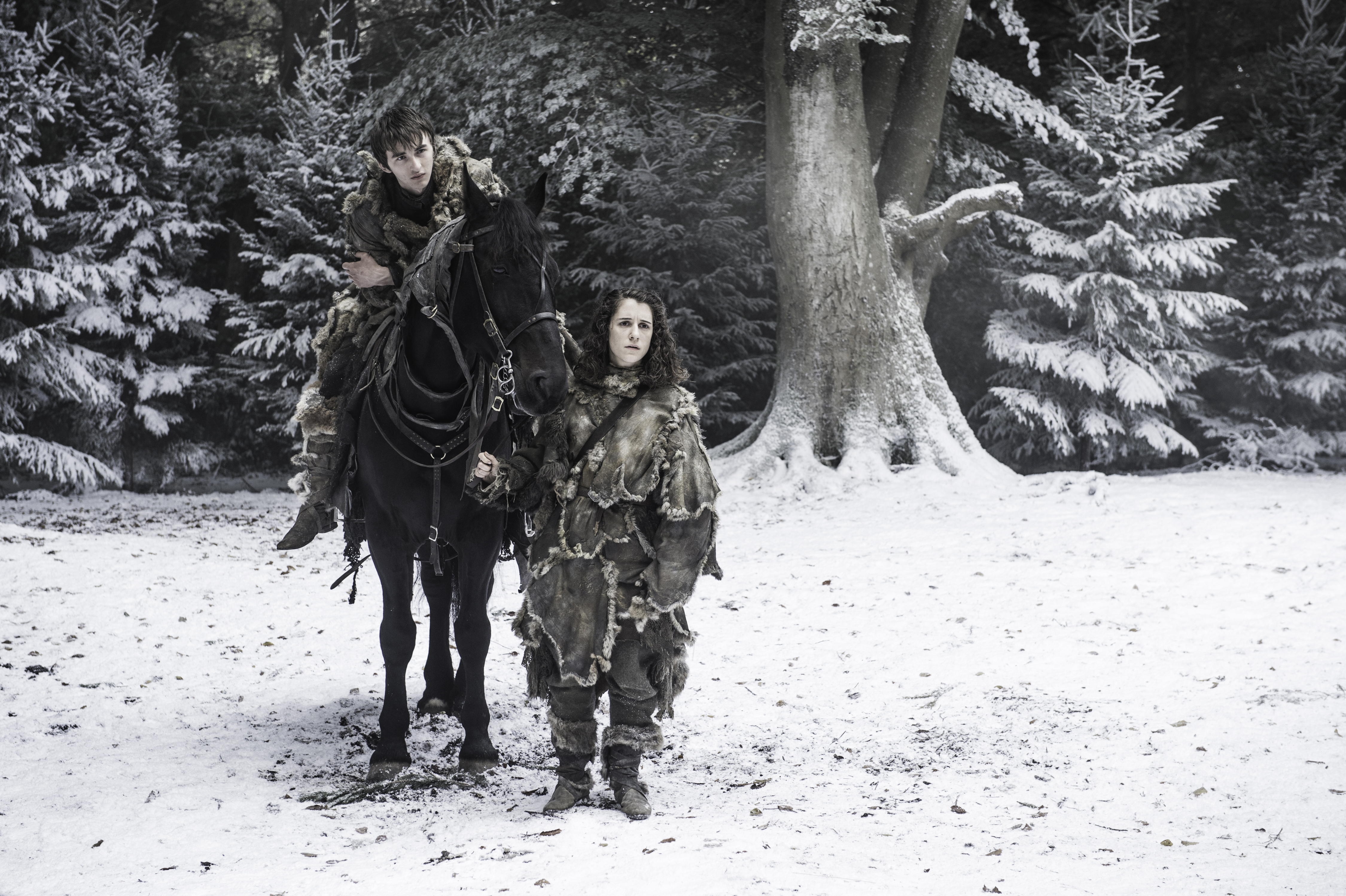 Meera Reed and Bran Stark on horseback in winter HD Wallpaper