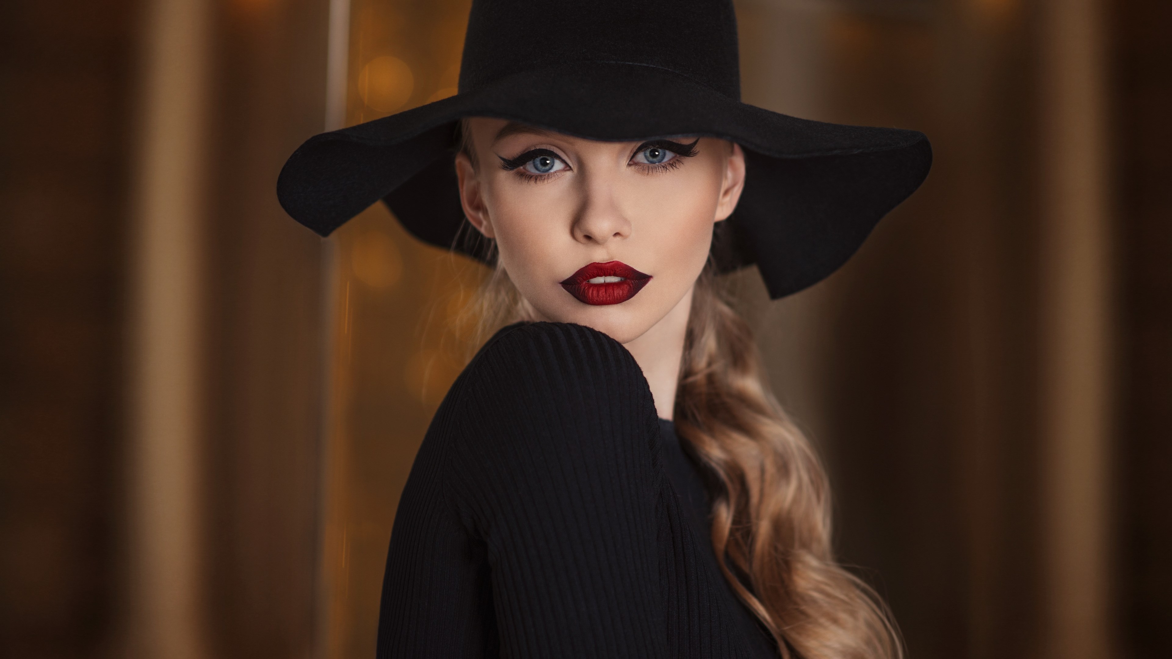 Woman in black hat and dress with red lipstick HD Wallpaper