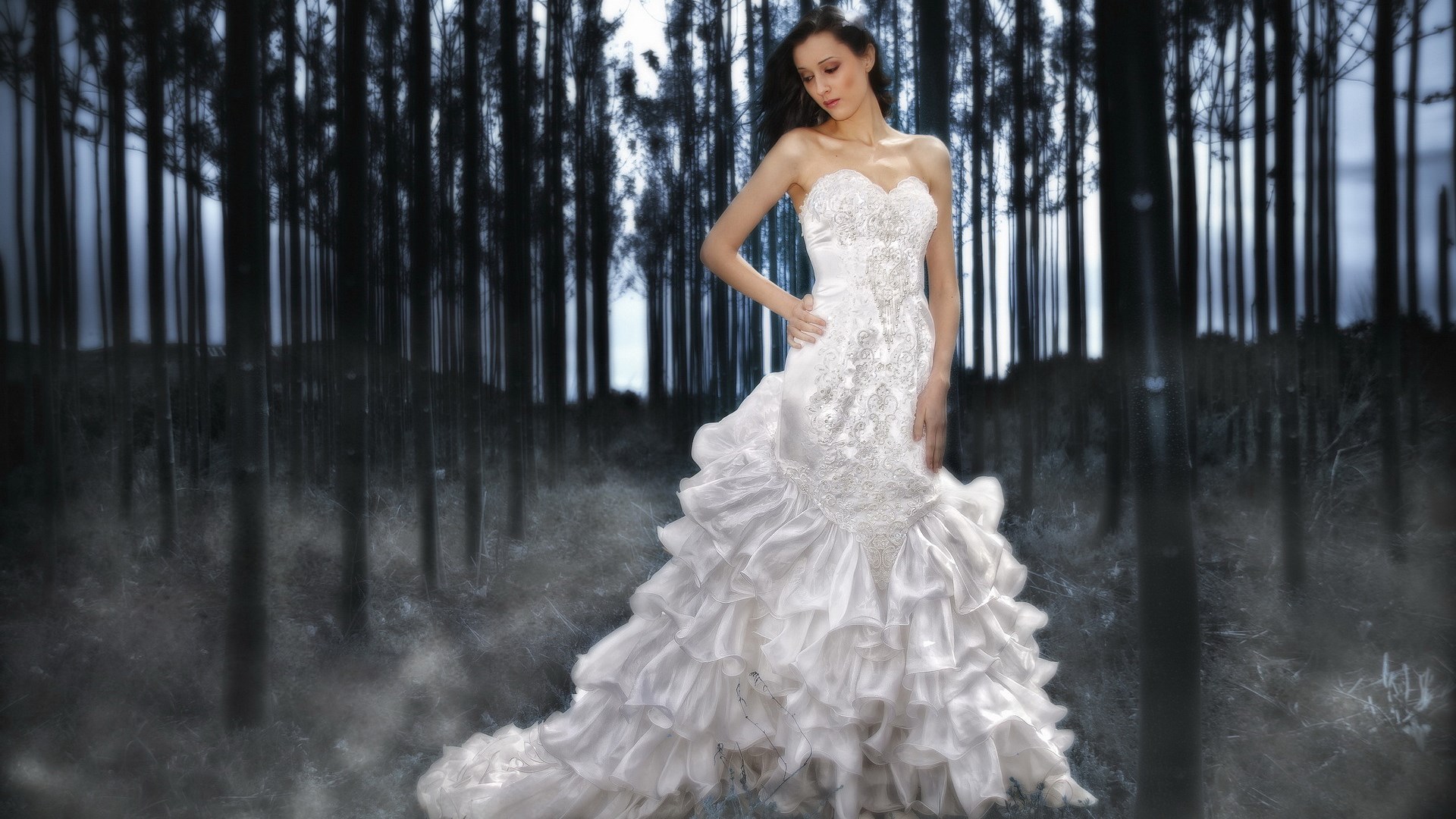 Woman in white dress in a dark forest HD Wallpaper