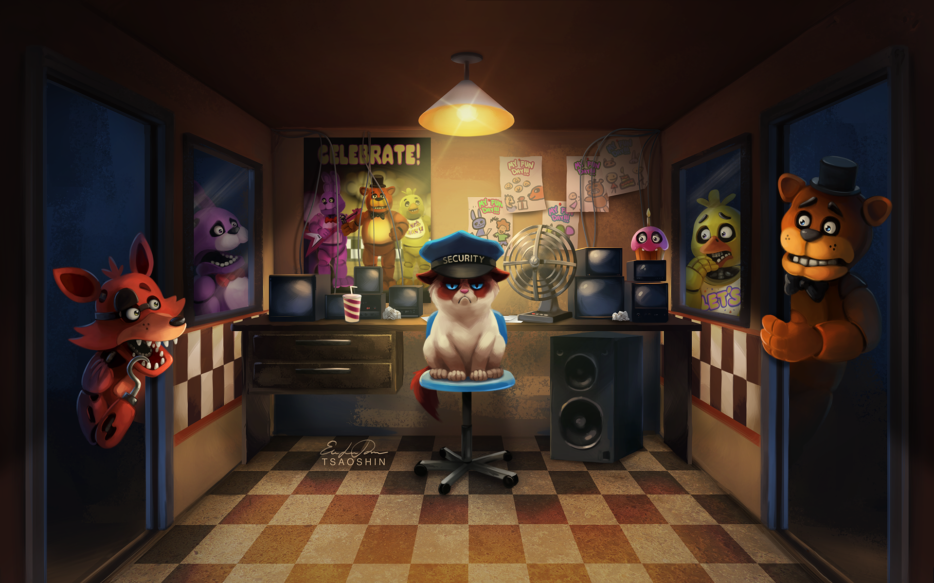 Grumpy Cat in Security Office with Animatronics HD Wallpaper