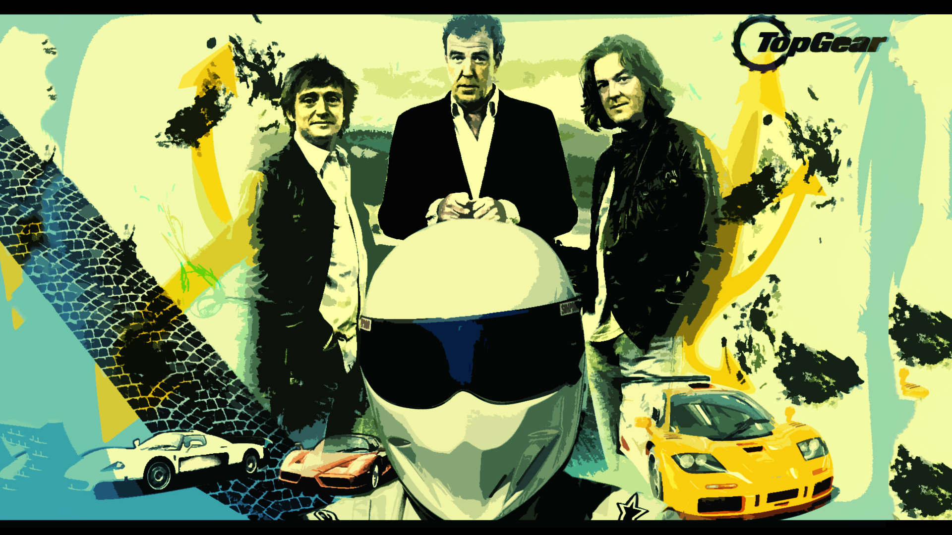 Top Gear hosts with Stig and cars HD Wallpaper