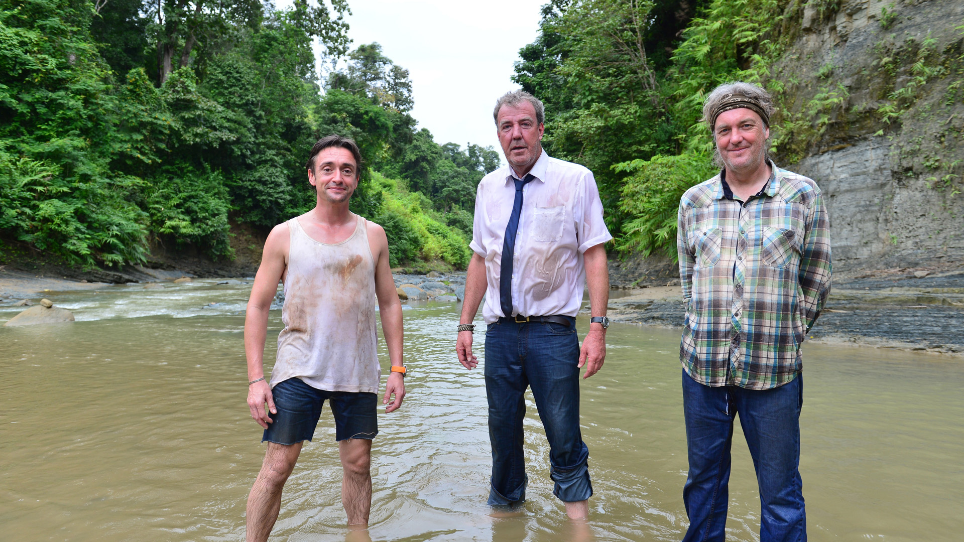 James May, Richard Hammond, and Jeremy Clarkson in a river HD Wallpaper