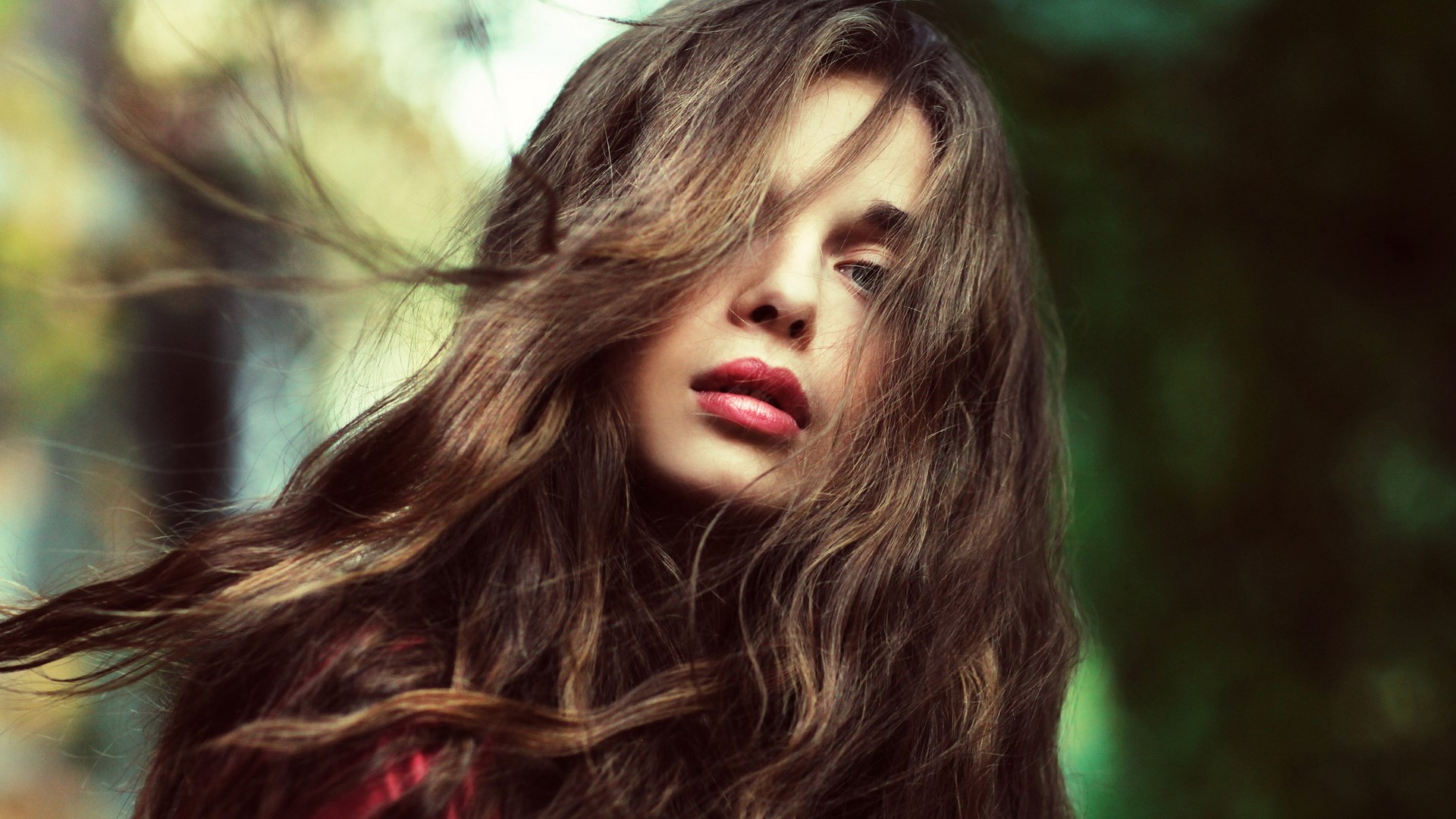Woman with long brown hair and red lipstick HD Wallpaper