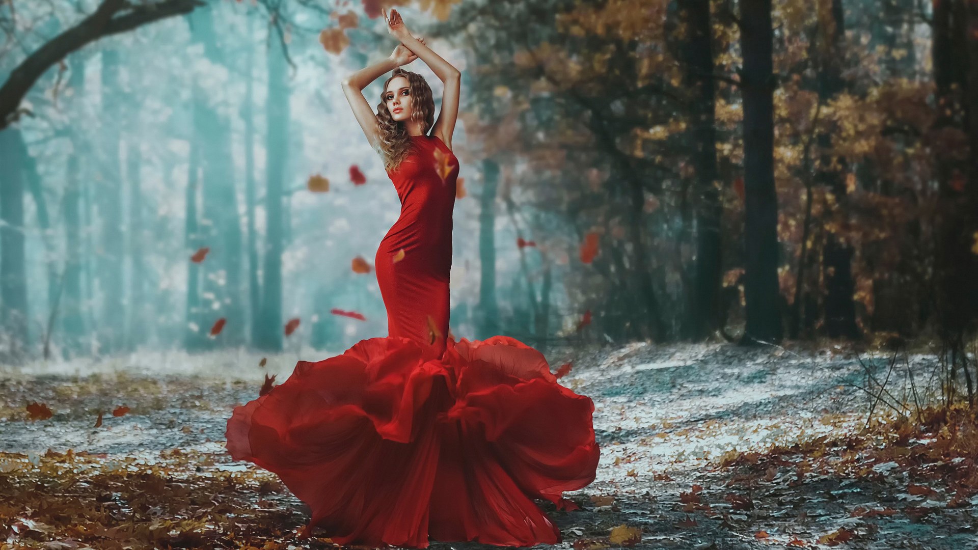 Woman in red dress in autumn forest HD Wallpaper