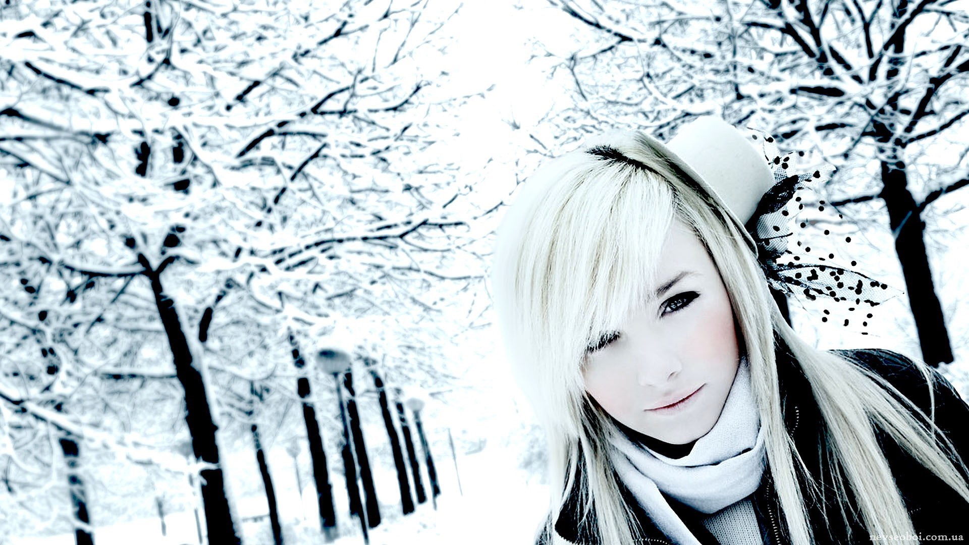 Woman with blonde hair in a snowy park HD Wallpaper