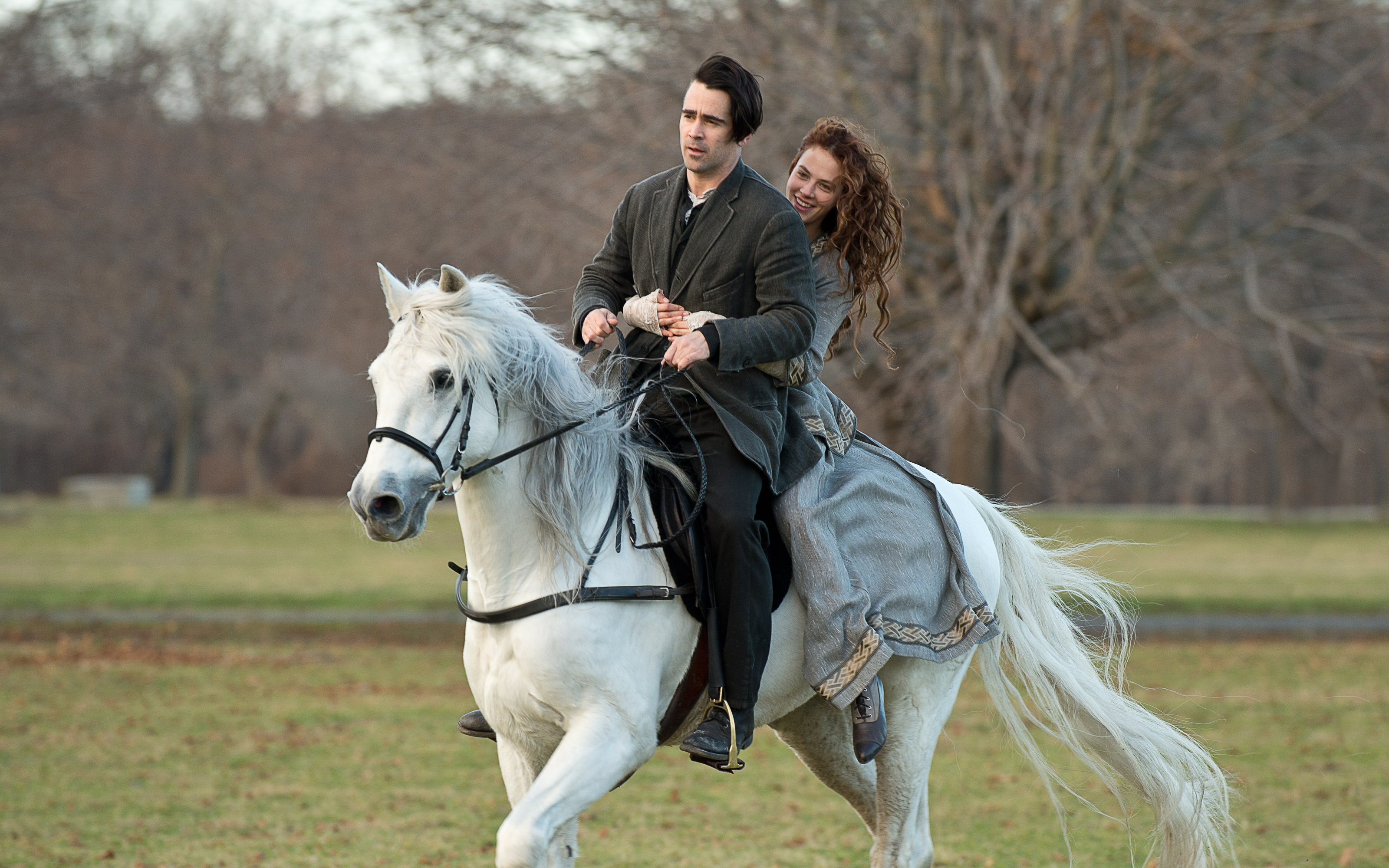 Colin Farrell and Jessica Brown Findlay on a horse HD Wallpaper
