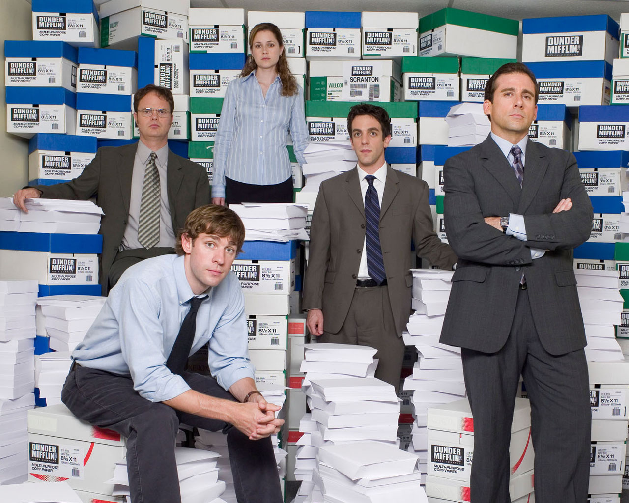 The Office cast in front of Dunder Mifflin boxes HD Wallpaper