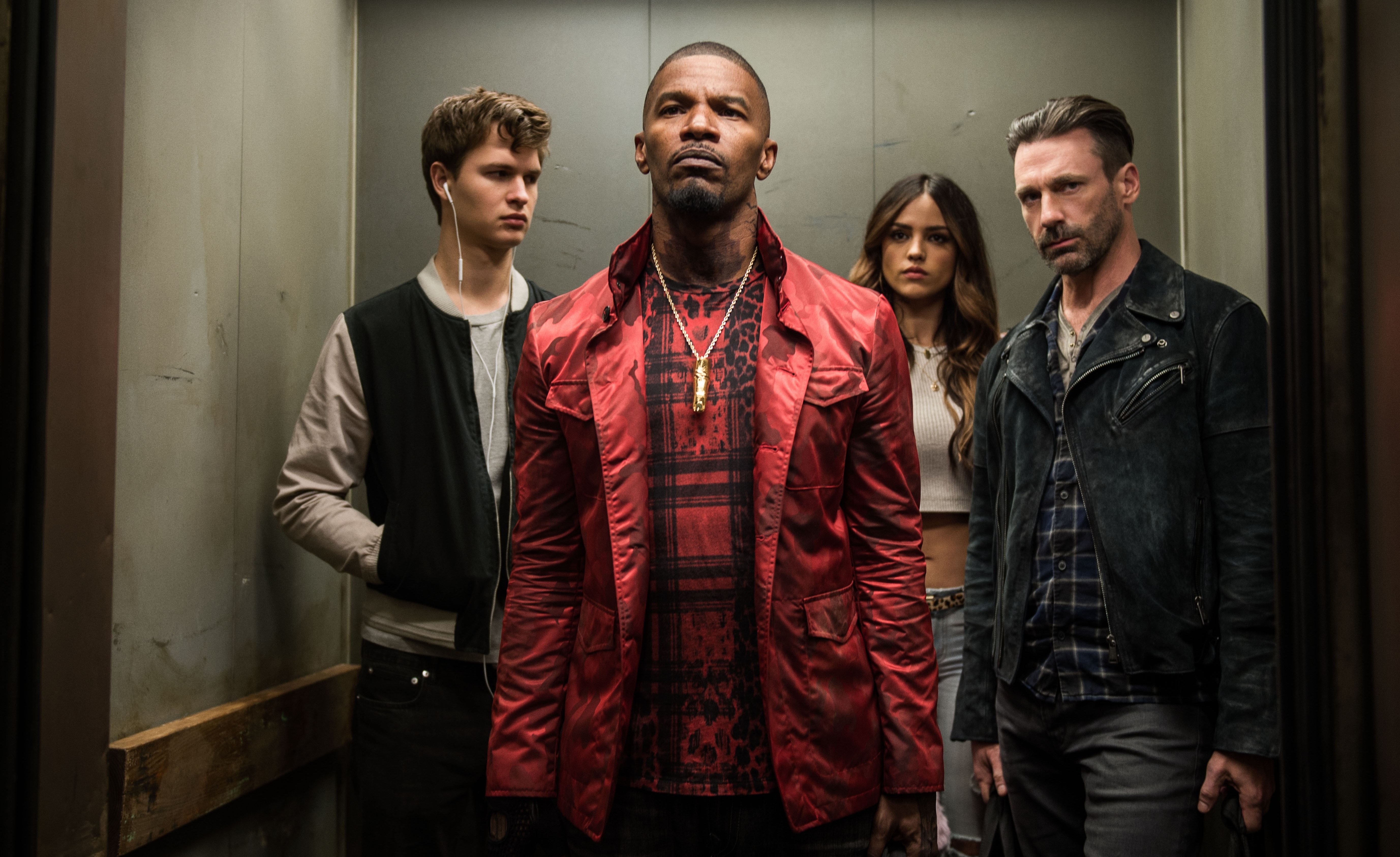 Baby Driver: Jamie Foxx, Ansel Elgort, Eiza González, Jon Hamm HD Wallpaper
