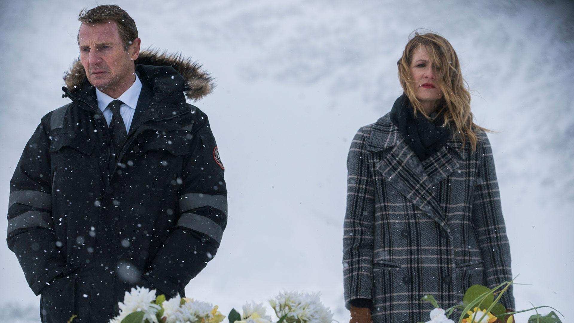 Liam Neeson and Laura Dern in a snowy landscape HD Wallpaper
