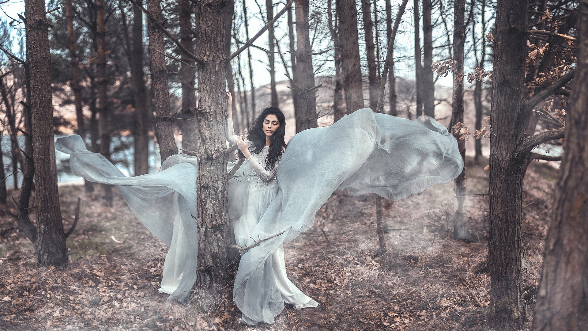 Woman in flowing dress in a forest HD Wallpaper