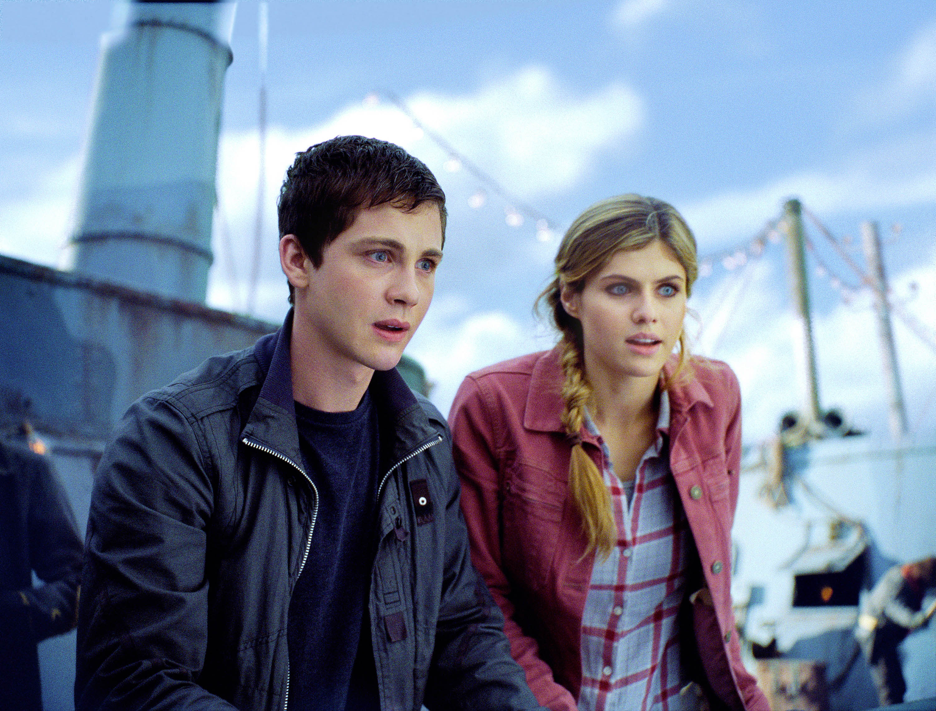 Logan Lerman and Alexandra Daddario on a ship HD Wallpaper