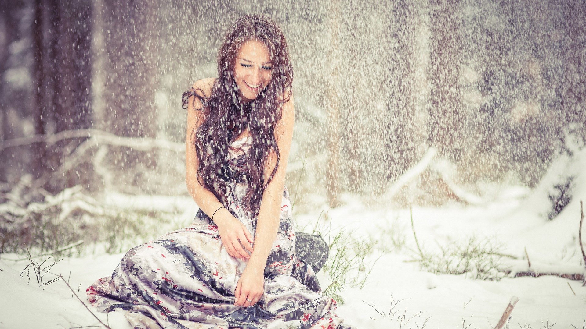 Woman in a dress in the snow HD Wallpaper