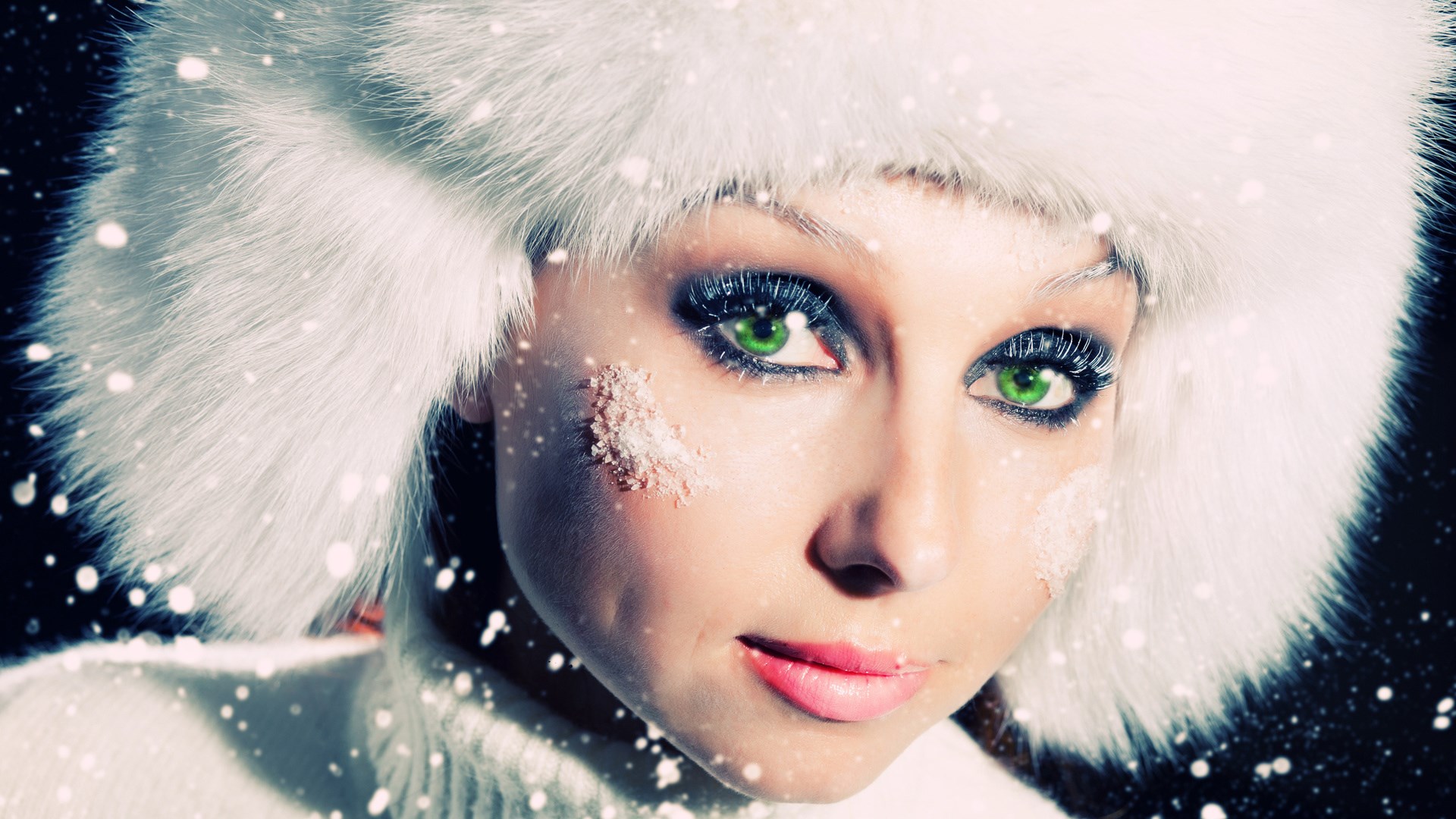 Woman in white fur hat with snow HD Wallpaper