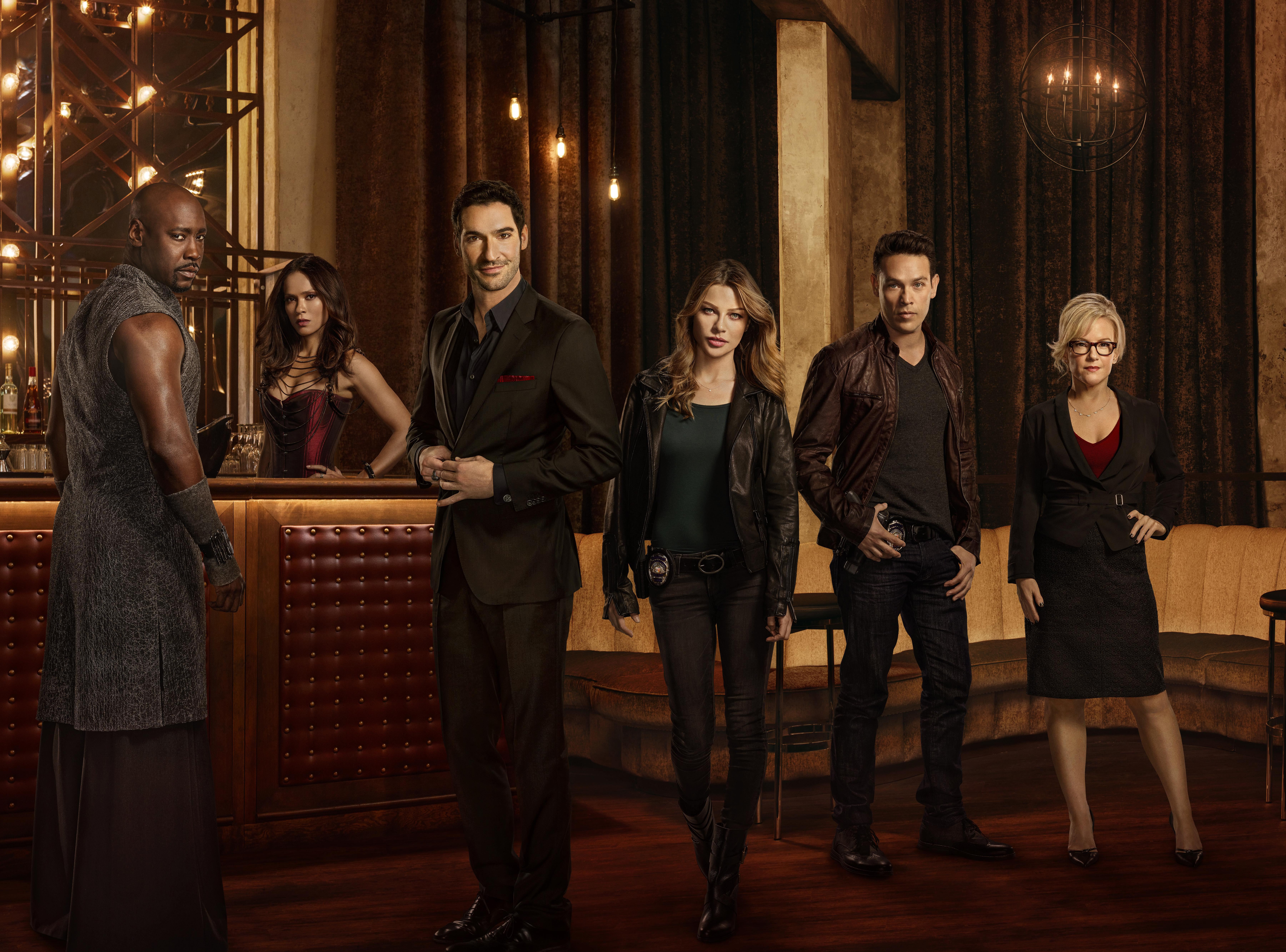 Lucifer cast posing in a bar HD Wallpaper