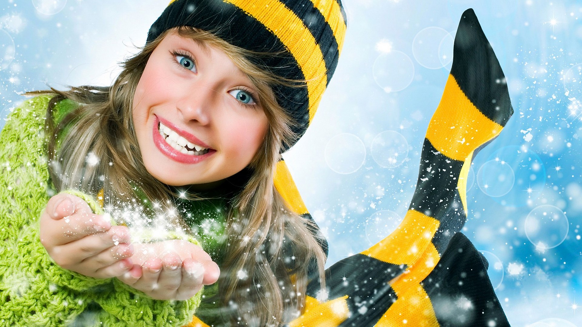 Girl in winter hat and scarf with snow HD Wallpaper