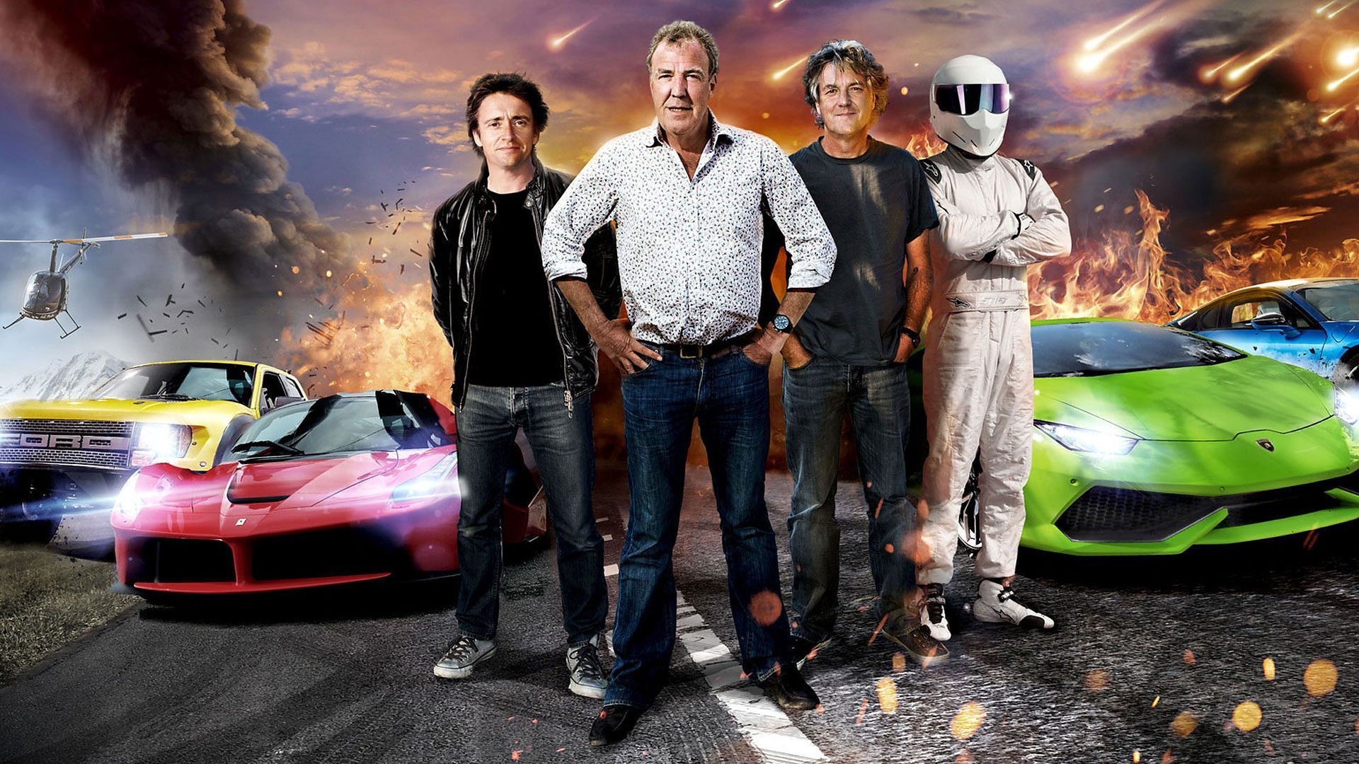 The Grand Tour hosts with cars and explosions HD Wallpaper