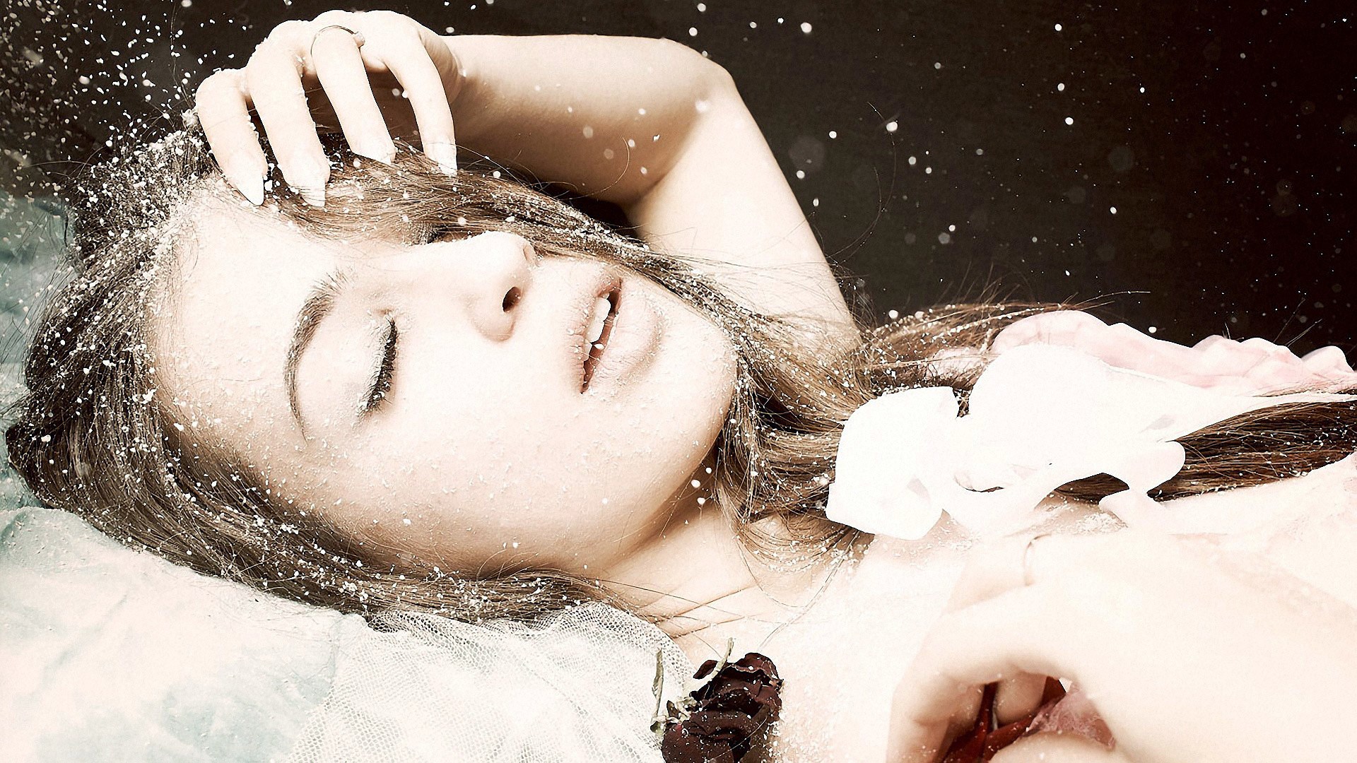 Woman covered in snow with a rose HD Wallpaper