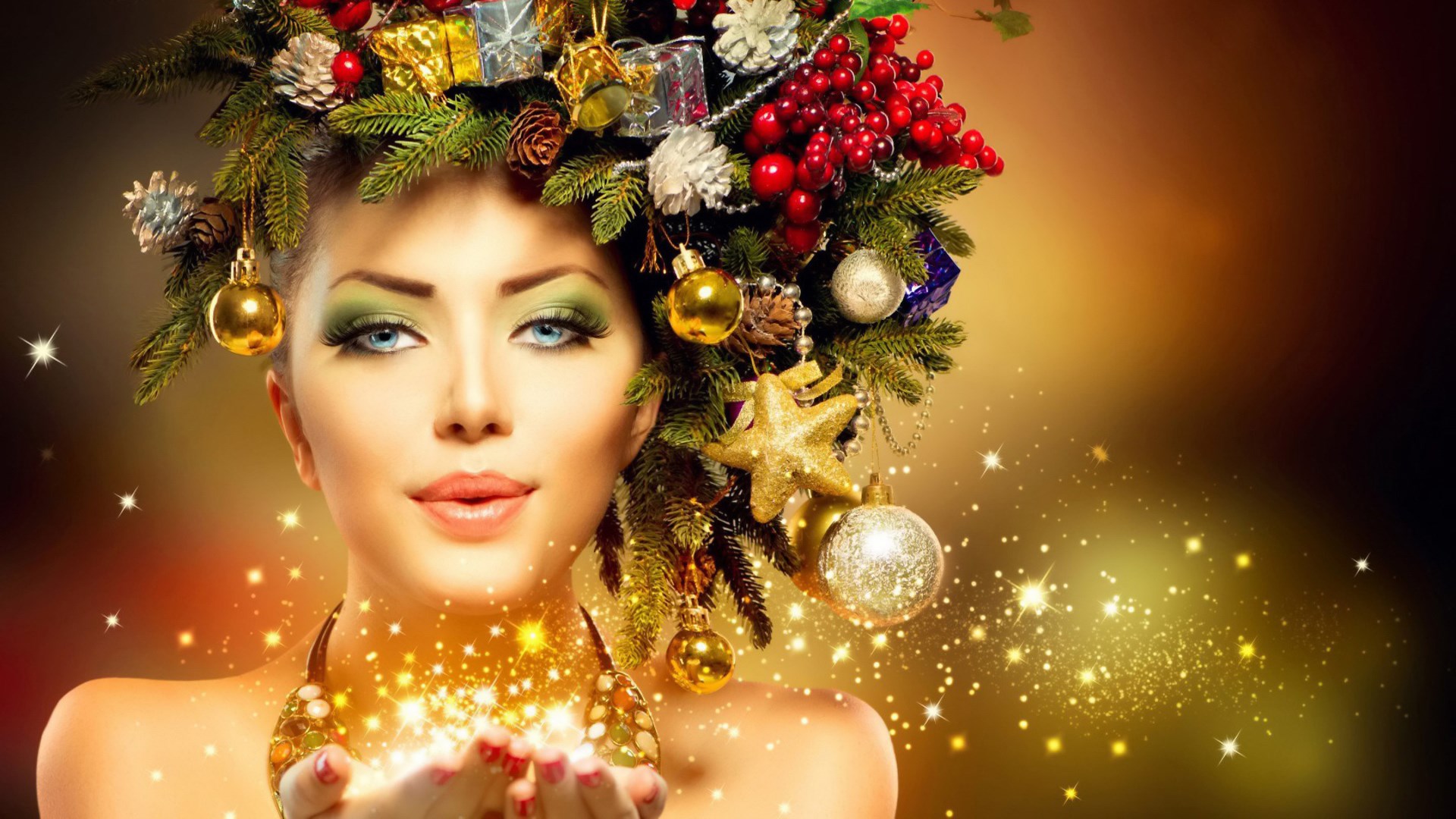 Woman with Christmas decorations in her hair HD Wallpaper