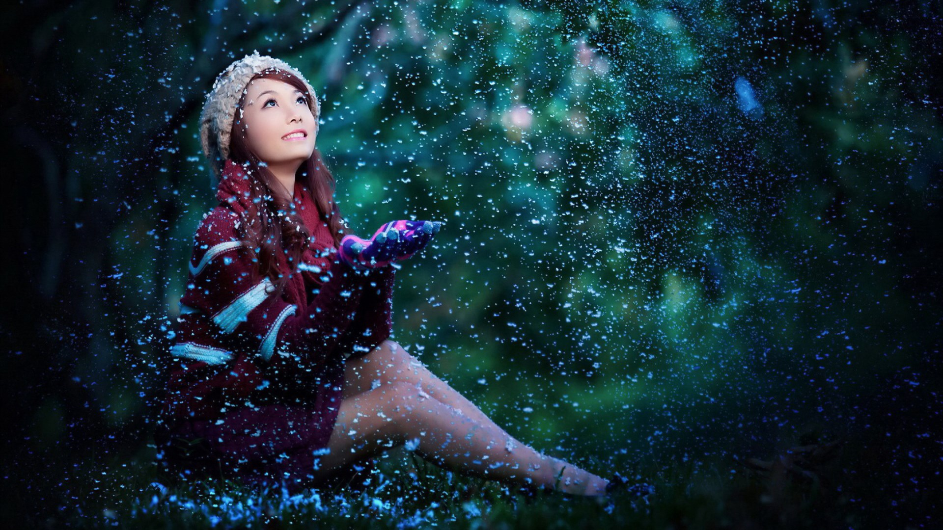 Girl in winter hat and coat playing with snow HD Wallpaper