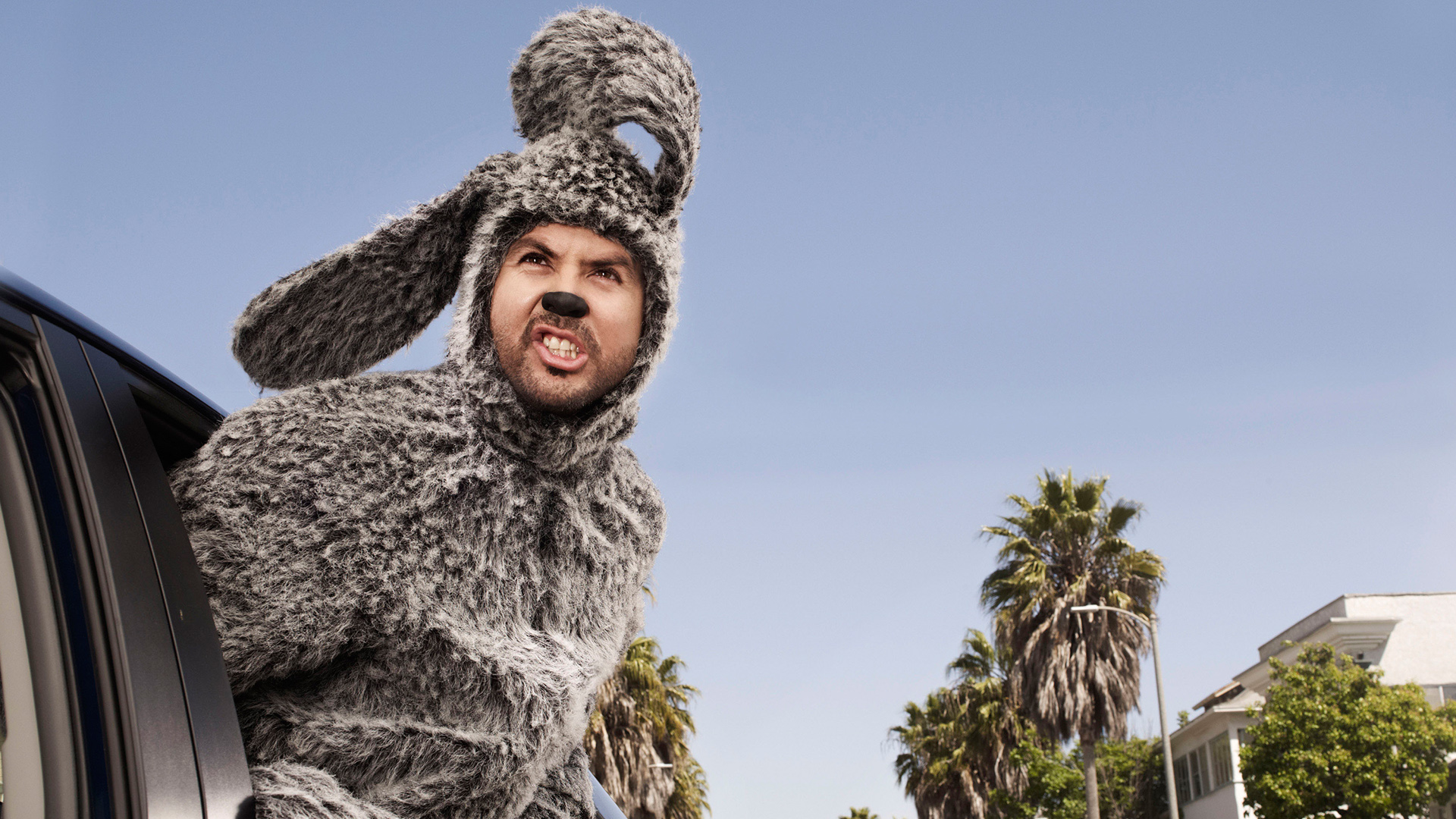 Jason Gann in a dog costume leaning out of a car HD Wallpaper