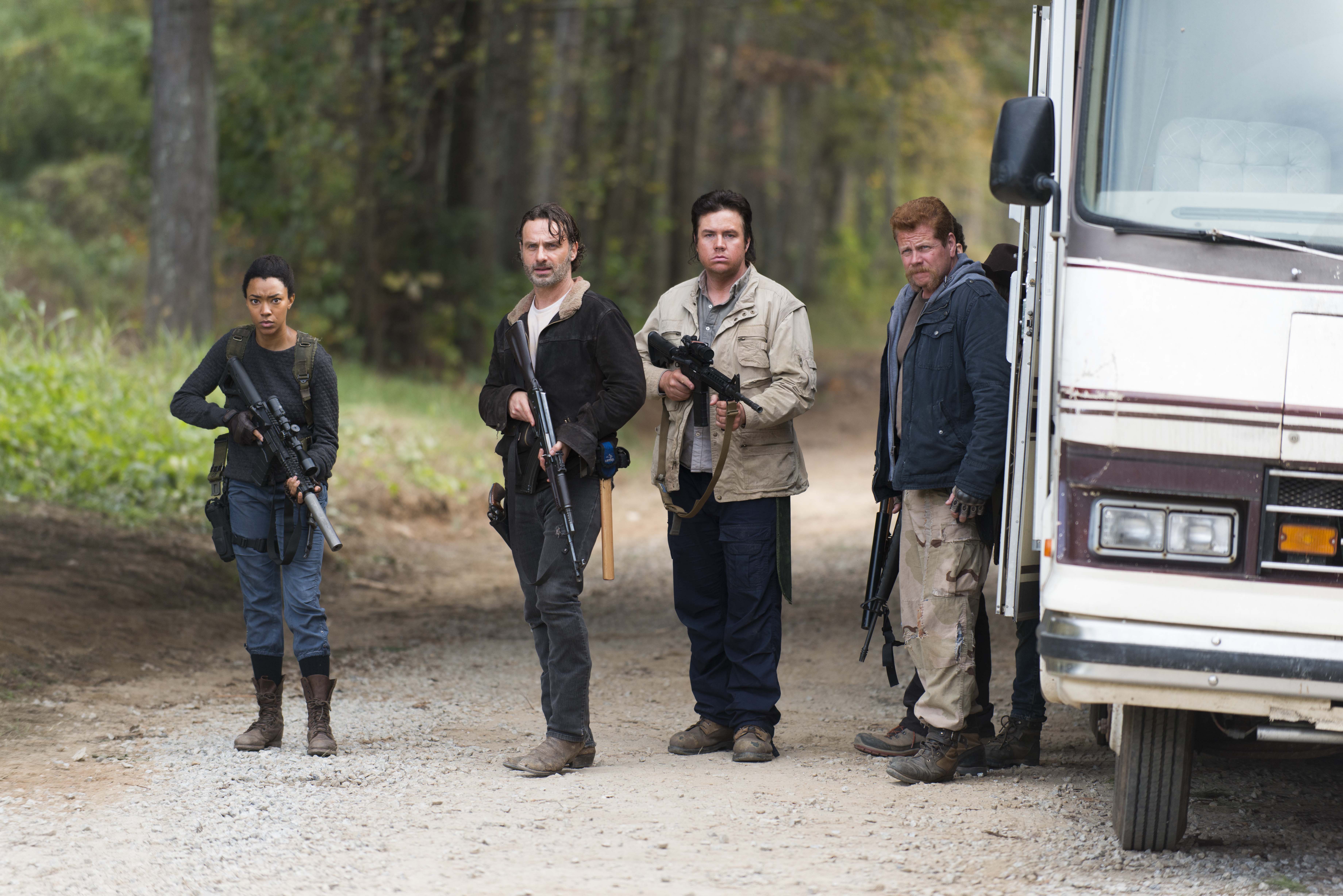 The Walking Dead: Abraham, Rick, Sasha, and Eugene with RV HD Wallpaper