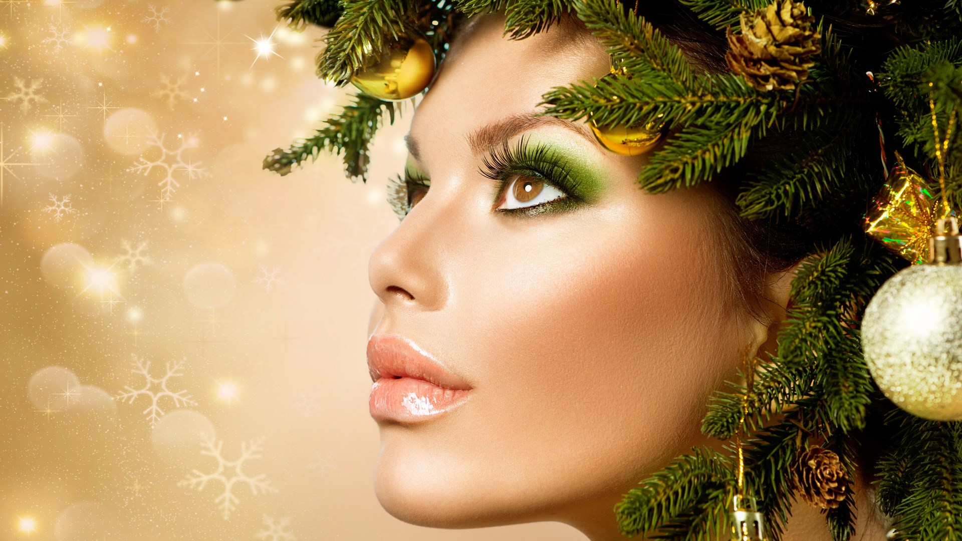 Woman with Christmas decorations in her hair HD Wallpaper