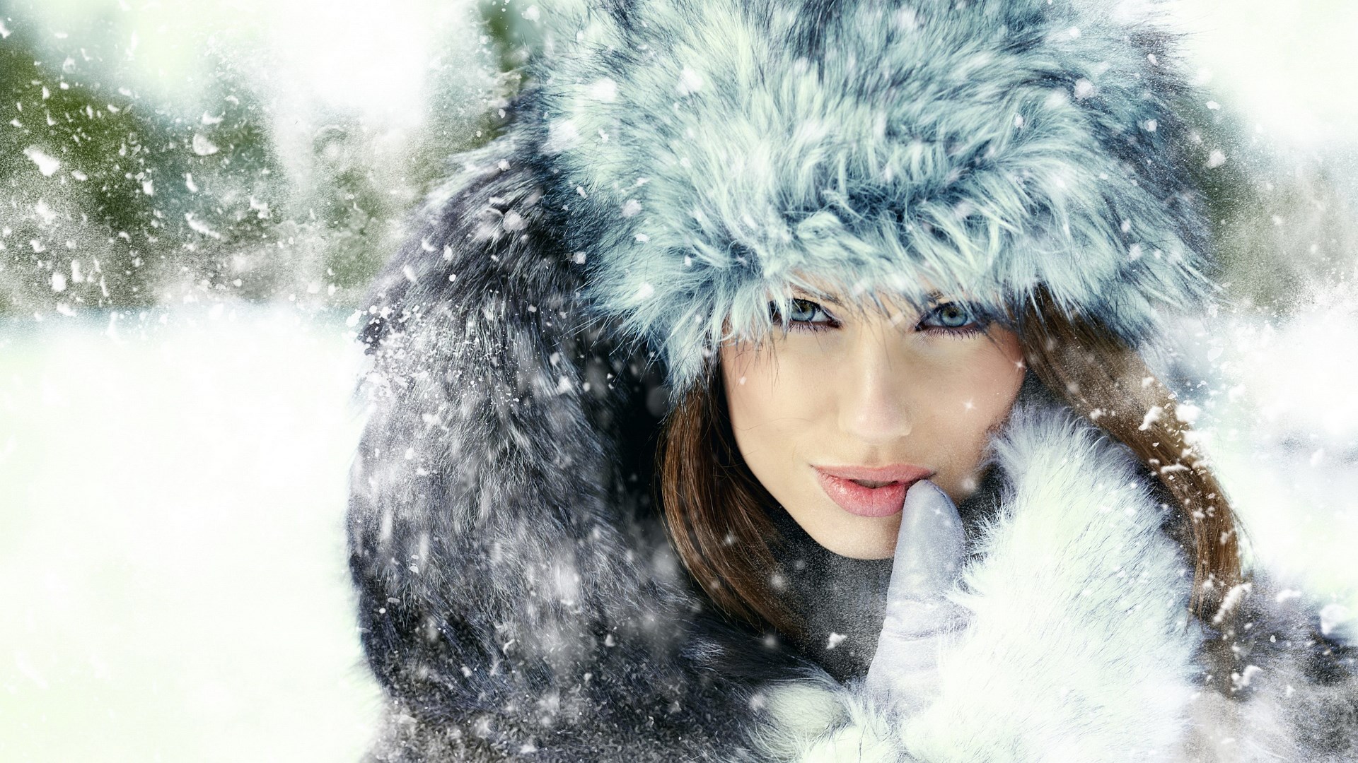 Woman in fur hat and coat in snow HD Wallpaper