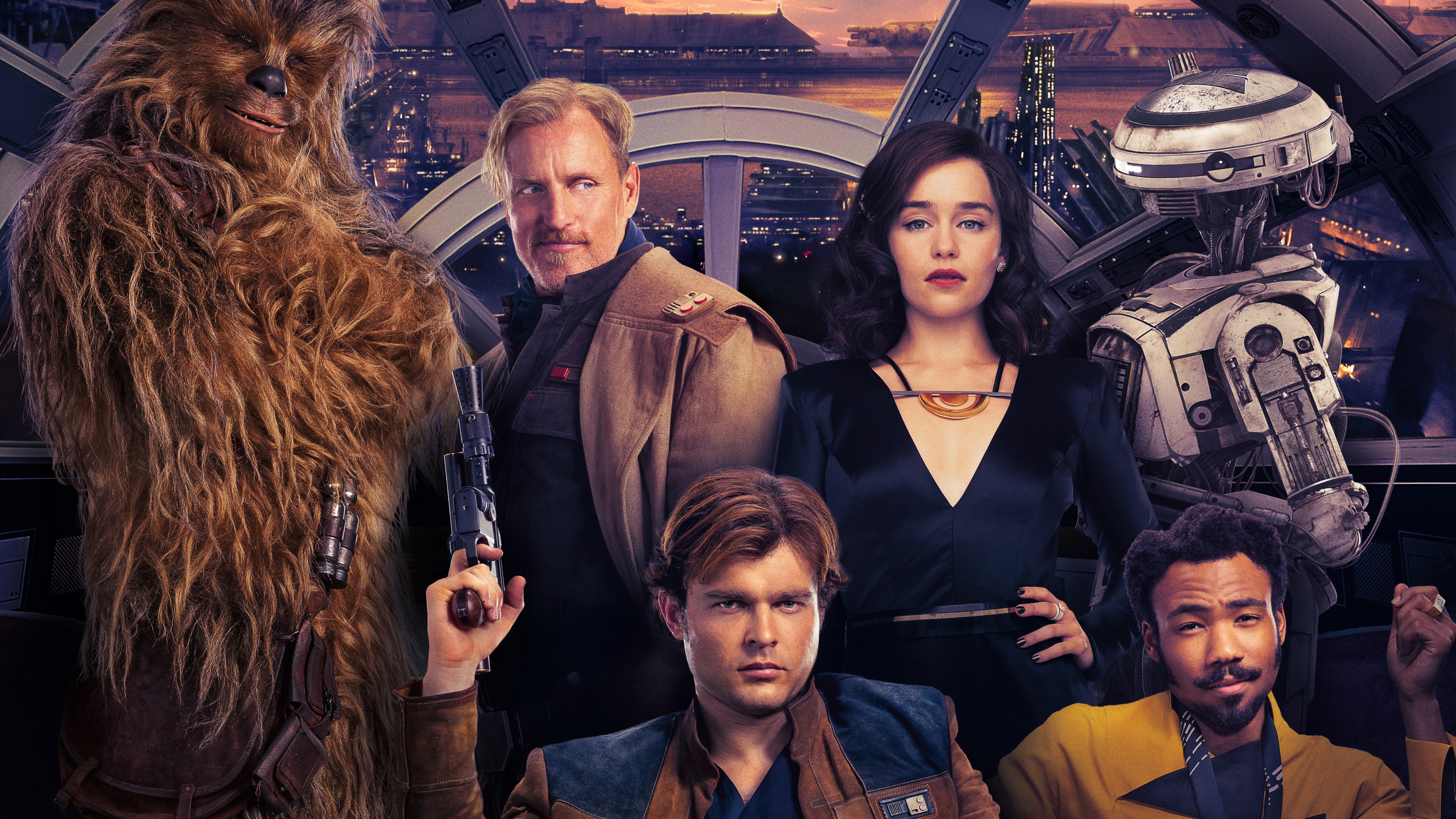 Lando Calrissian, Han Solo, Chewbacca, Qi'ra, and L3-37 from Solo: A Star Wars Story HD Wallpaper