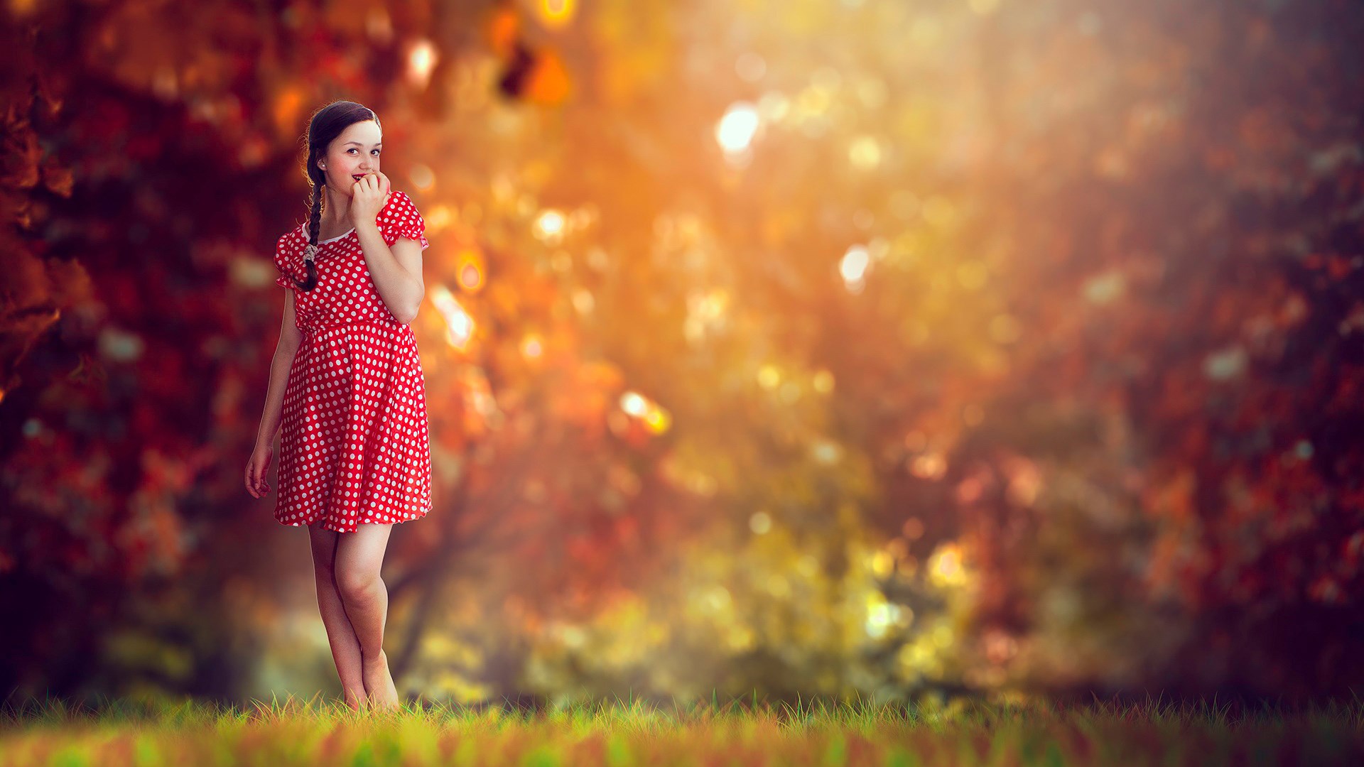 Girl in red polka dot dress in autumn park HD Wallpaper