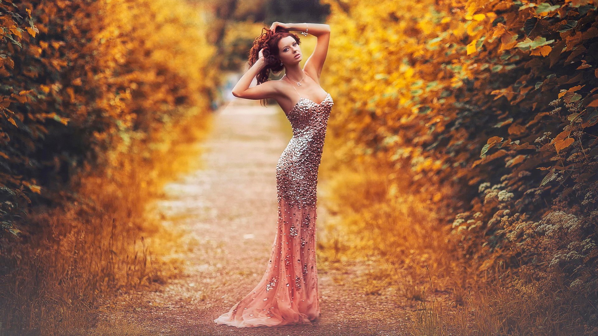 Woman in a sparkling dress on a path HD Wallpaper