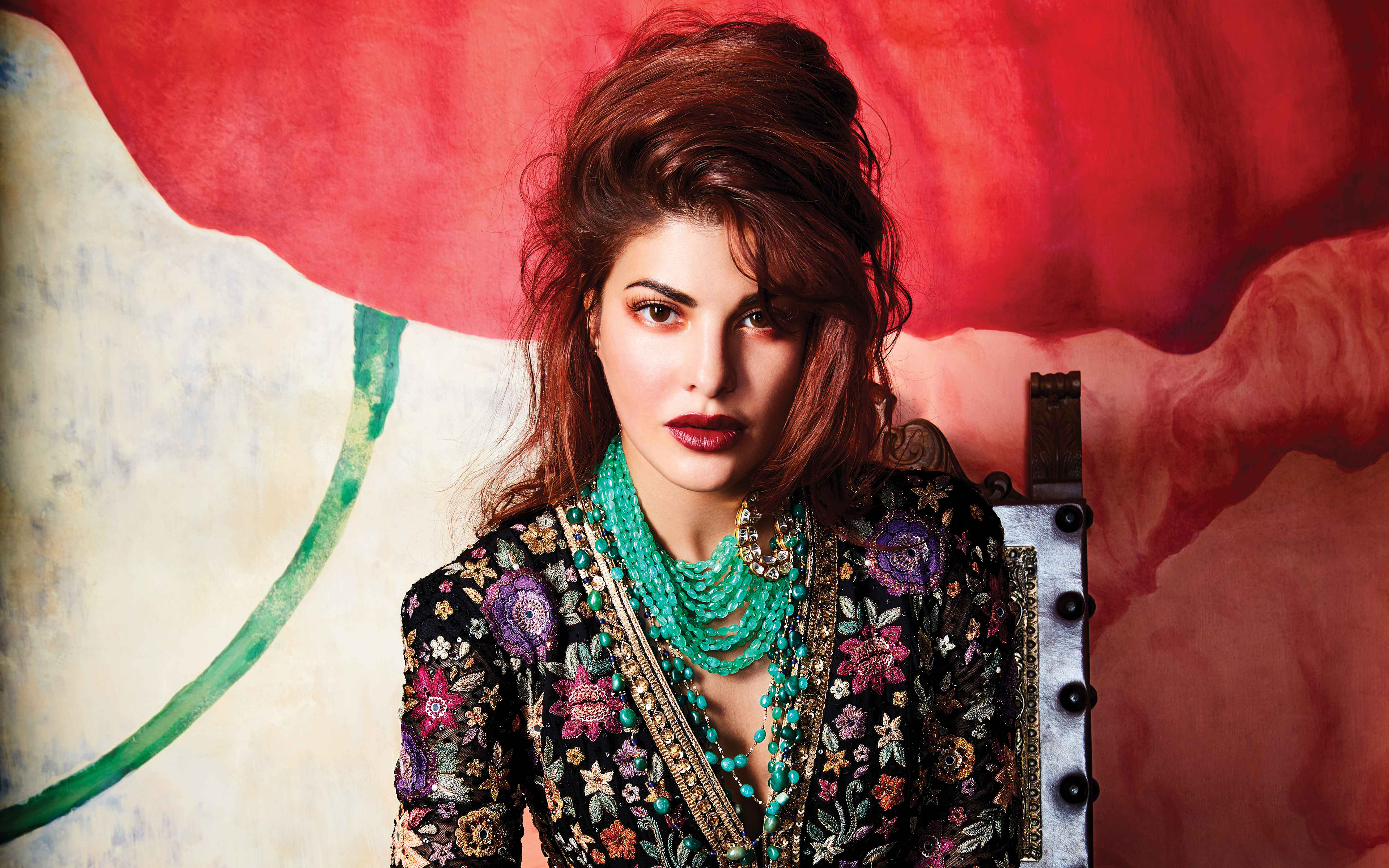 Jacqueline Fernandez in ornate jacket and jewelry HD Wallpaper